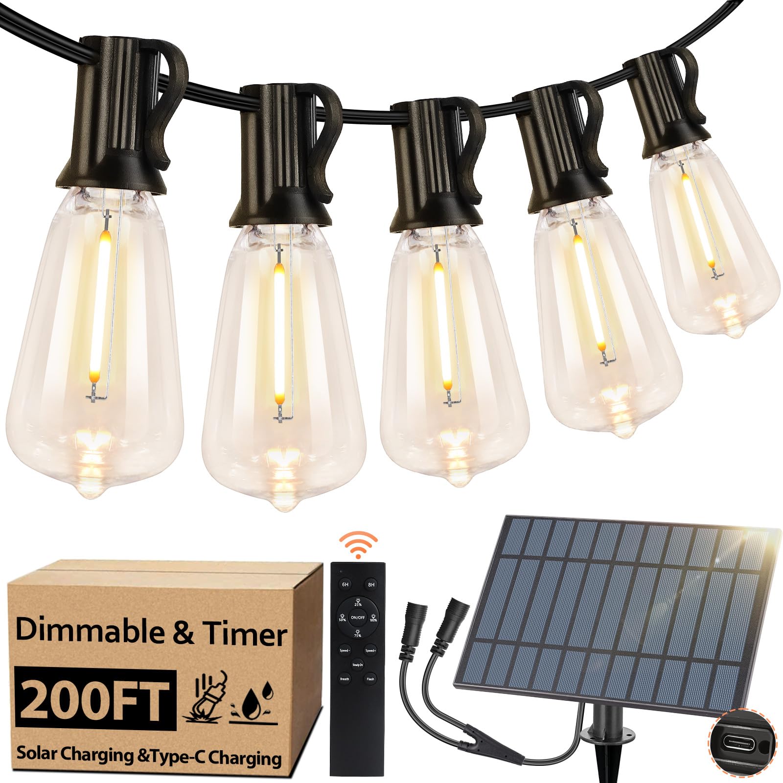 50 FT Solar String Lights for Outside, Solar Powered Outdoor String Lights with 26 Shatterproof Edison Bulbs, Dimmable Patio Lights Waterproof with Remote Timer for Wedding Backyard(Warm White)