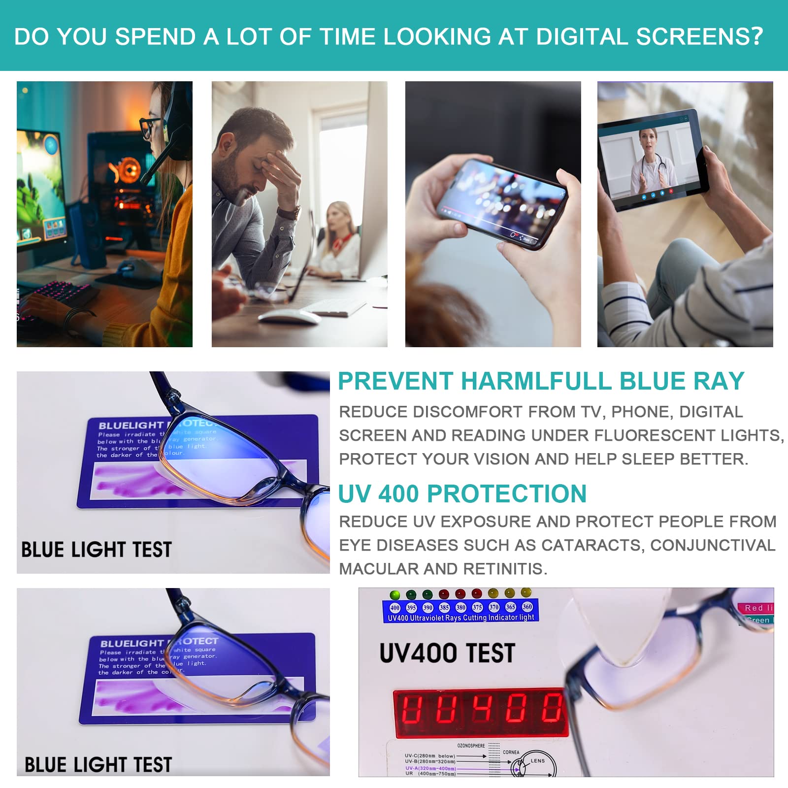 EYEURL Reading Glasses for Women Men Blue Light Blocking, 0.00 Anti Eye Strain Computer Readers, TR90 Ultra Lightweight Rectangle Frame Eyeglasses