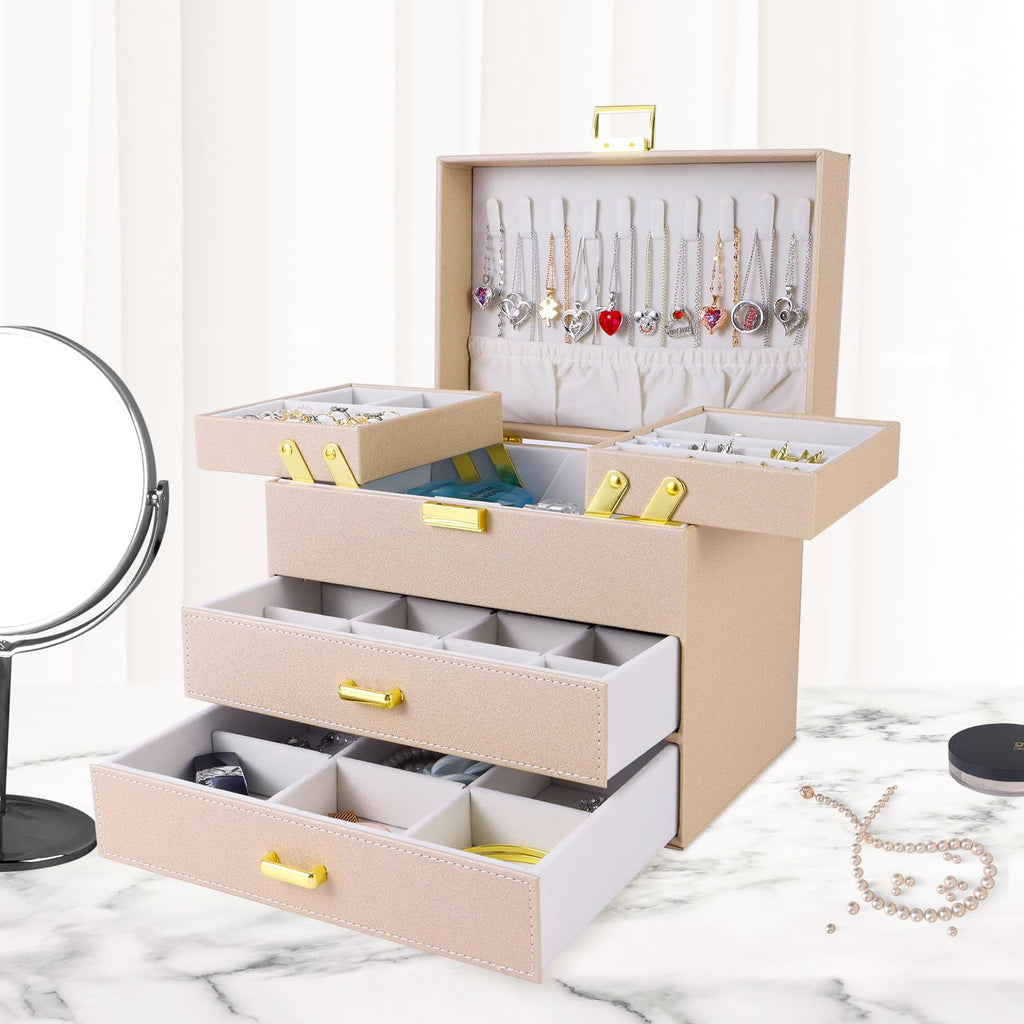 Dajasan Jewelry Organizer Box, Large Jewelry Boxes for Women Girls, Space-Saving 4 Layers Jewelry Storage Case with Drawer, Movable Metal Stand, Modern, Gift Idea (Green)