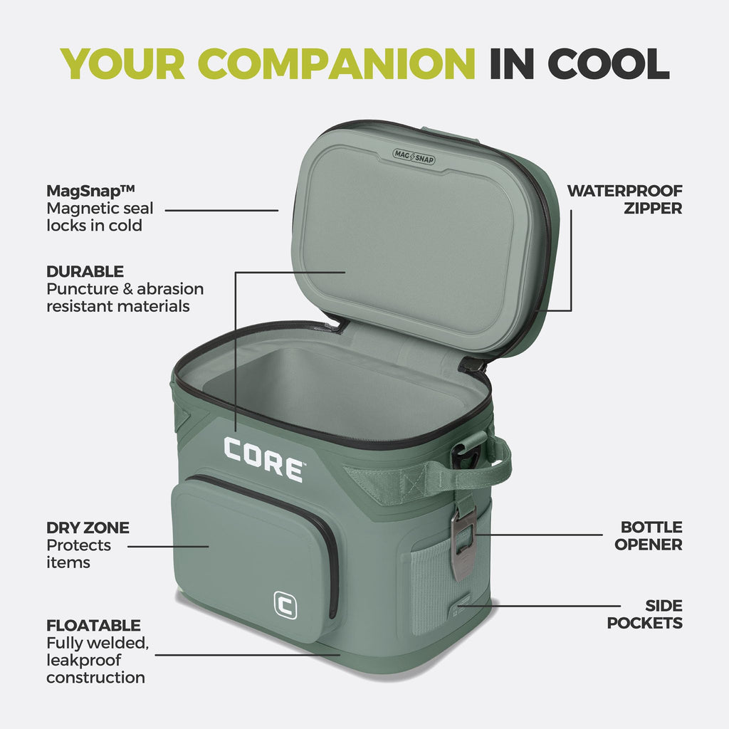 CORE Magnetic Leak Proof Soft Cooler with Waterproof Zipper | Insulated Bag Portable Ice Chest Box | Best Soft Cooler for Food & Beverages for Tailgating, Car Camping, Travel, and Family Beach Picnics