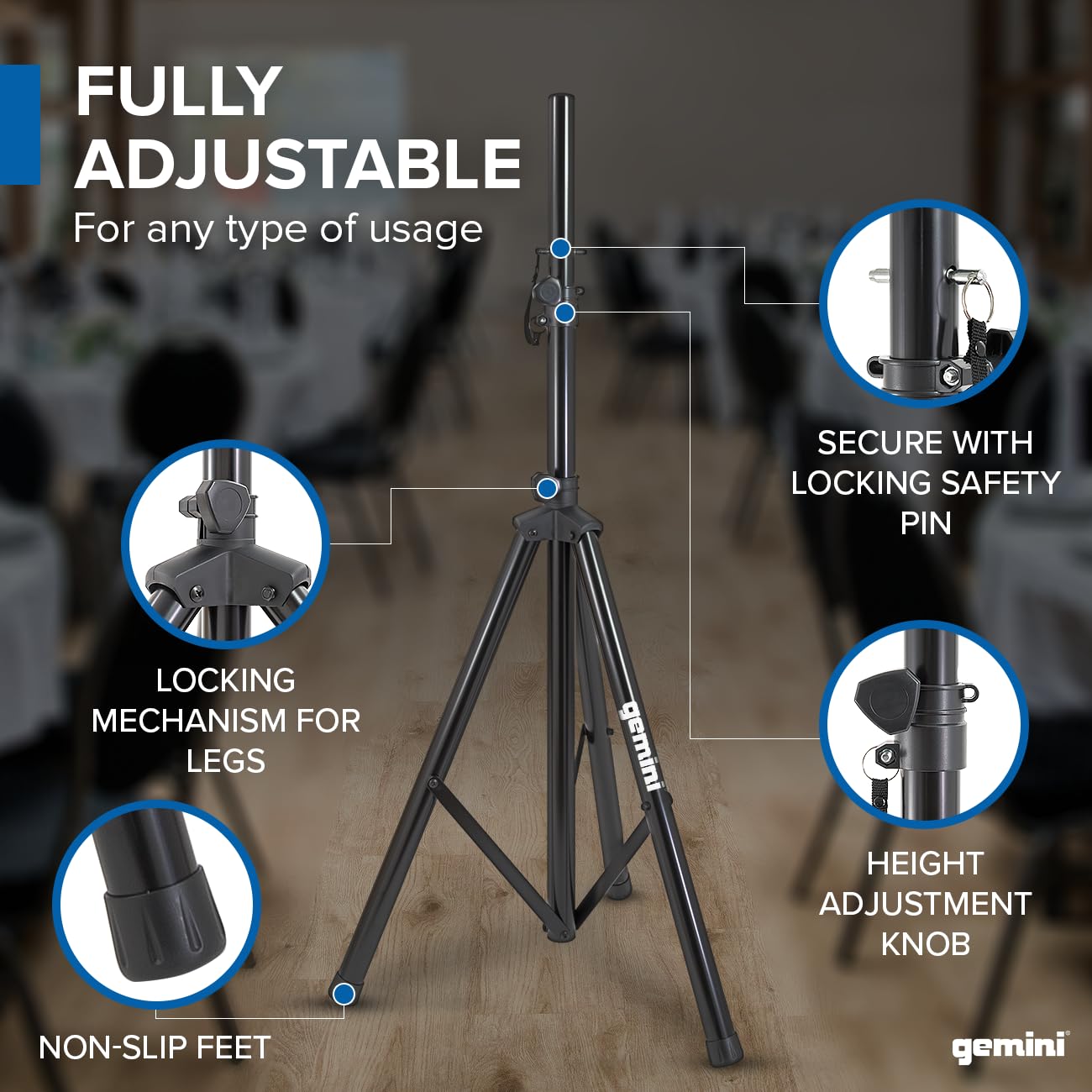 Gemini Sound ST-Pack Heavy Duty Professional Audio Universal DJ Fold-Out Telescoping Tripod Steel Speaker Stands (Set of 2), Up to 80" Inches Tall, 200lb Weight Capacity with Carry Bag Included,Black