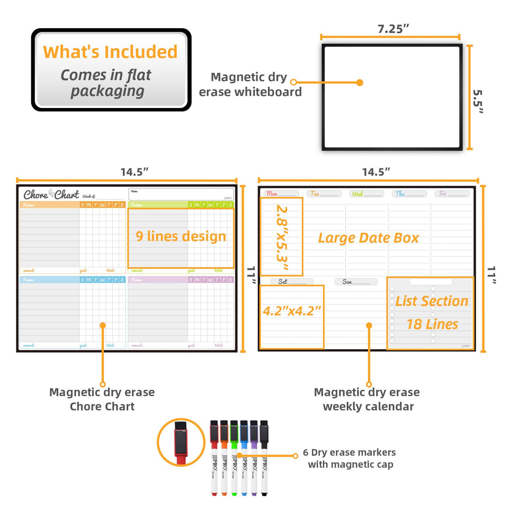 JJPRO Magnetic Dry Erase Chore Chart Set for Fridge-Used for Multiple Kids-One Chore Chart and Two Bonus Dry Erase Pad/Grocery Boards-Behavior Chart for Multiple Kids