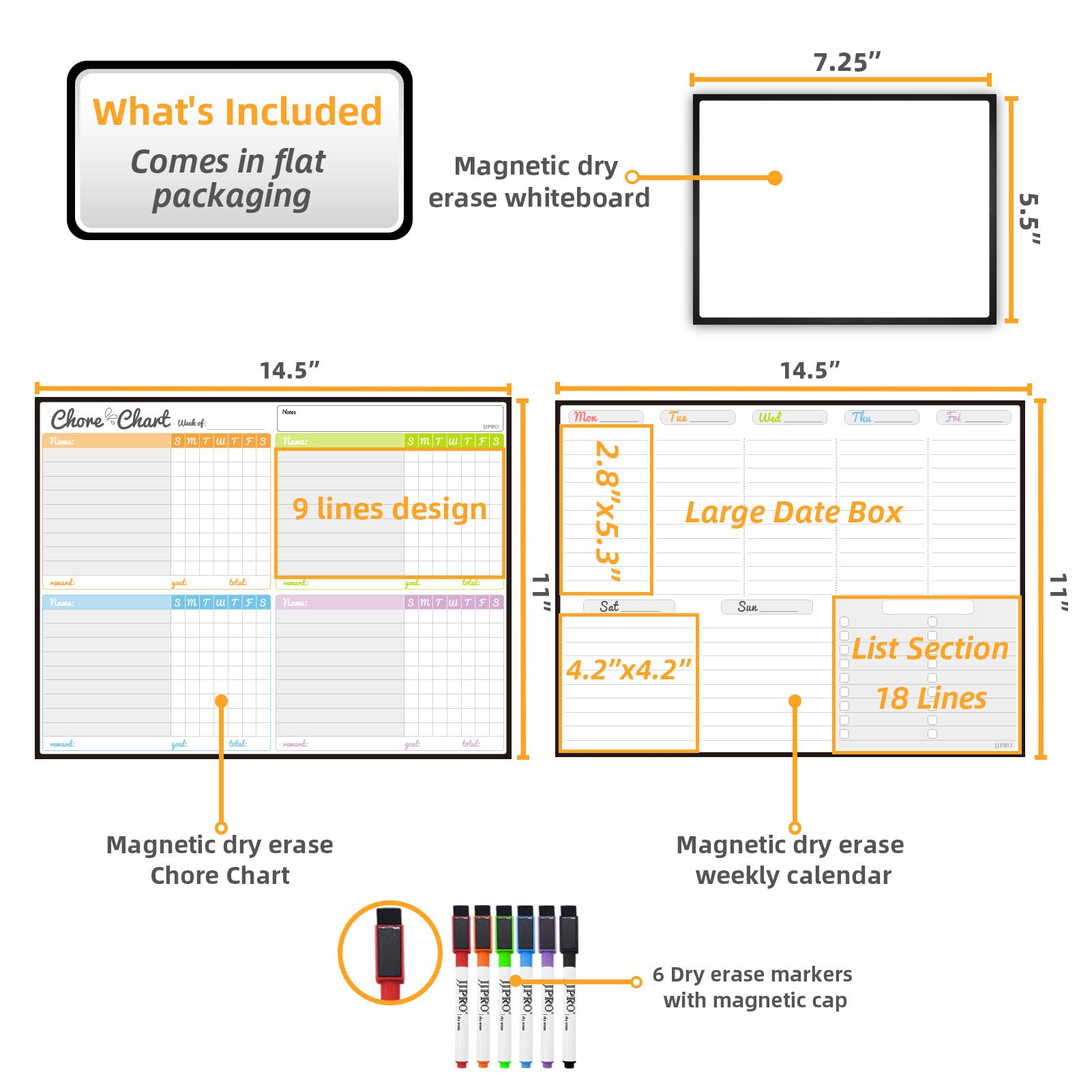JJPRO Magnetic Dry Erase Chore Chart Set for Fridge-Used for Multiple Kids-One Chore Chart and Two Bonus Dry Erase Pad/Grocery Boards-Behavior Chart for Multiple Kids