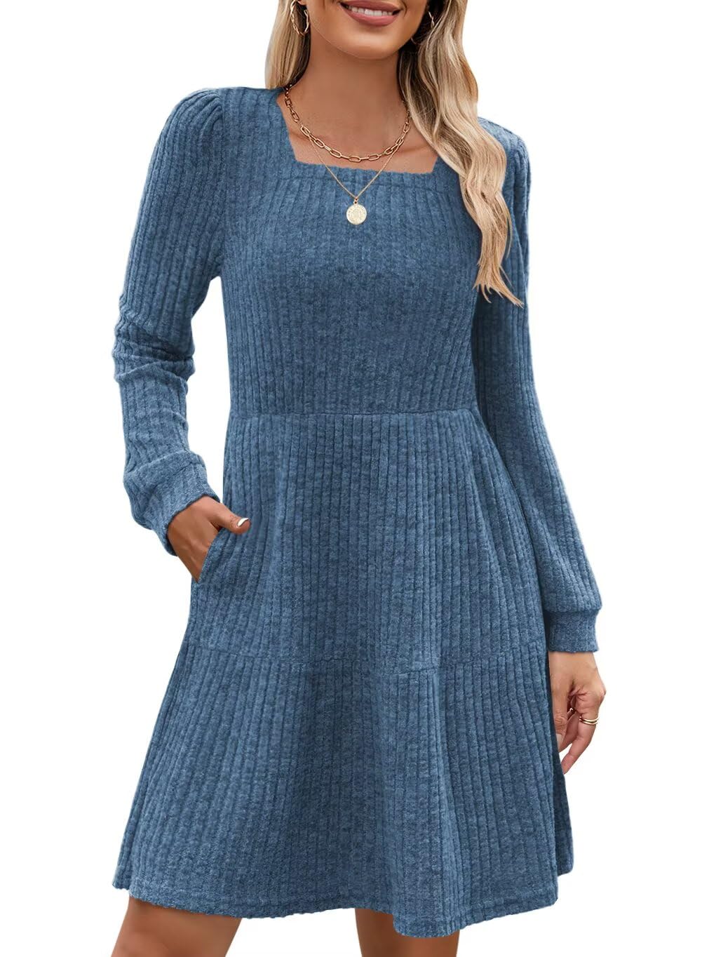 QACOHU Falll Dresses for Women 2026 Crew Neck Long Lantern Sleeve Casual Loose Flowy Swing Shift Dress