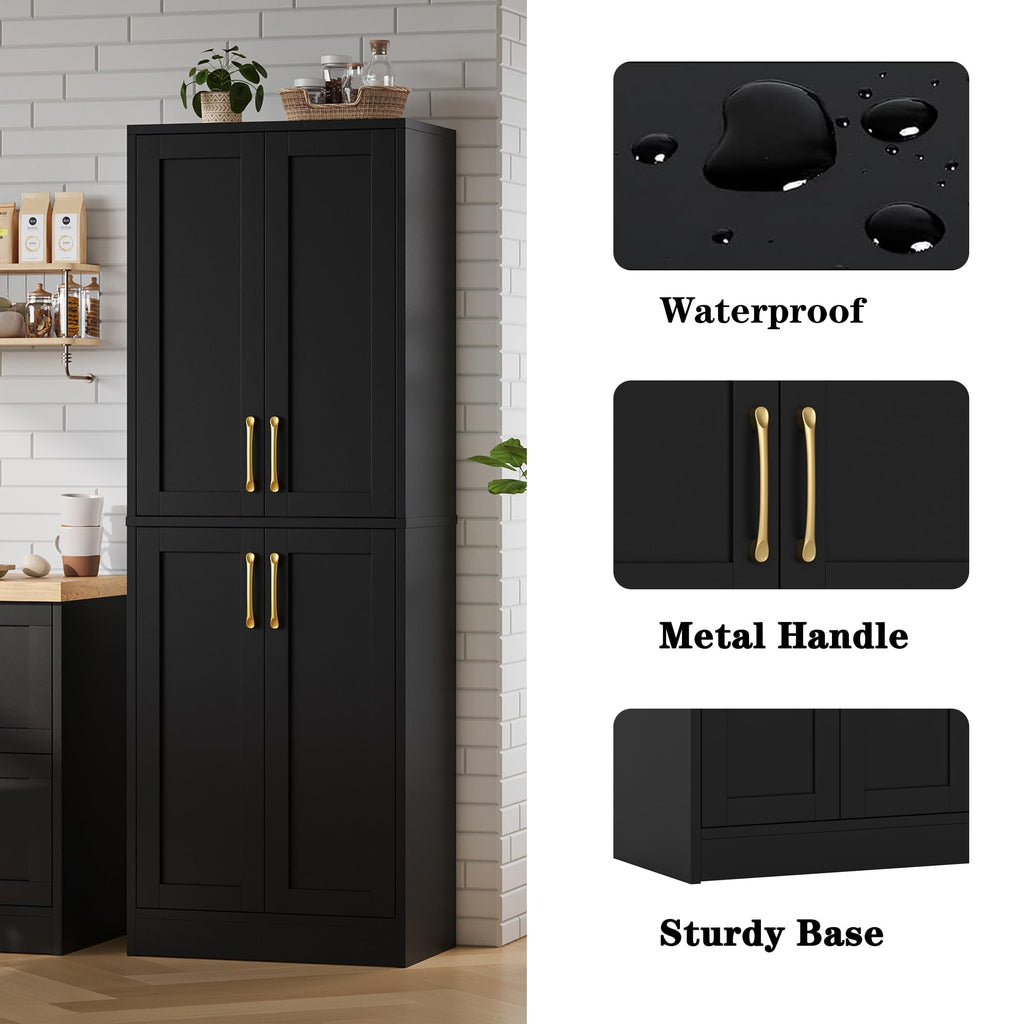 Pantry - Kitchen Pantry Cabinet with 4 Doors and Adjustable Shelves, Tall Black Cabinet Freestanding Storage Cupboard for Dining Room Living Room, Laundry, Bathroom (Black)