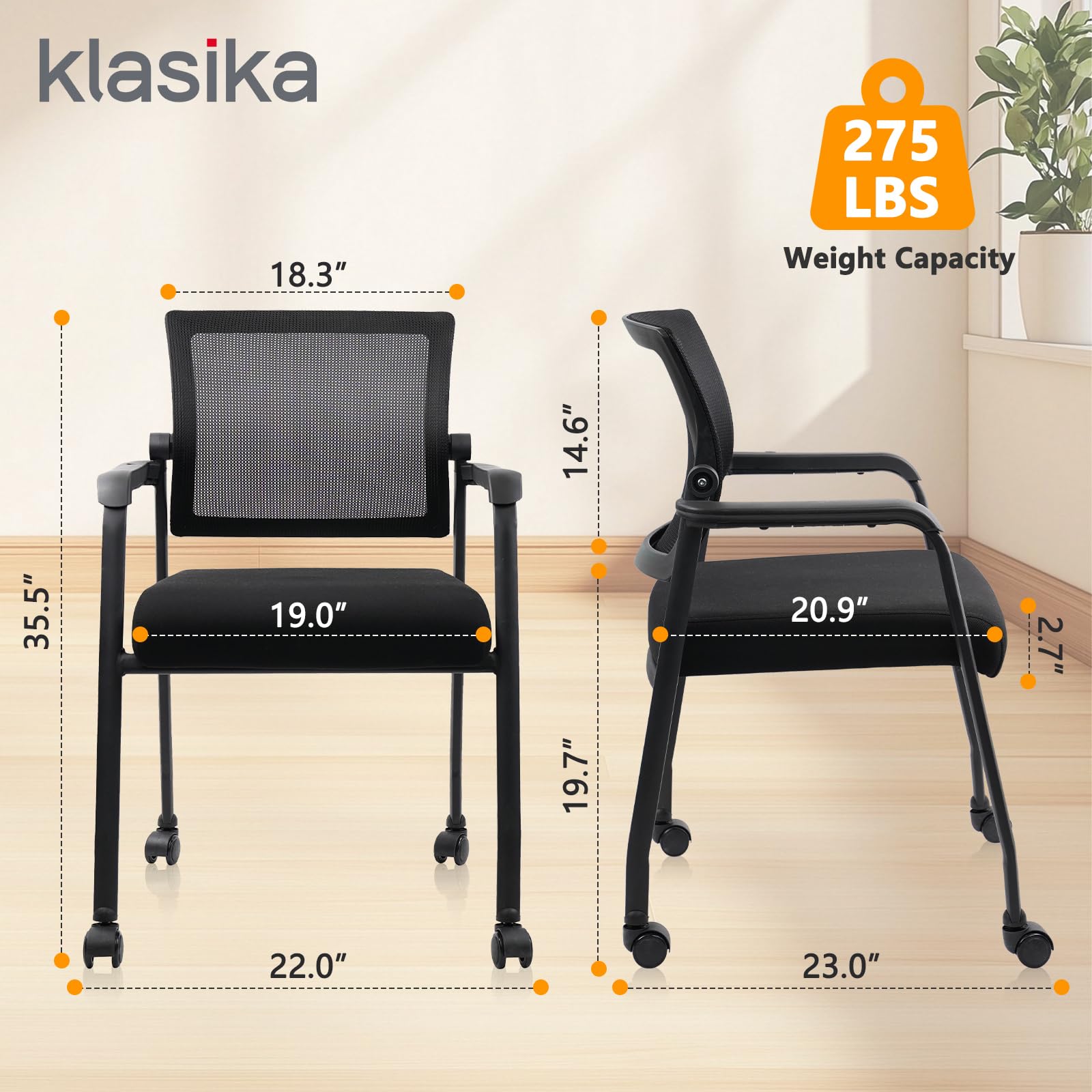 KLASIKA Desk Chair No Wheels with Adjustable Mesh Backrest, Arm Chair with Ergonomic Lumbar Support and Thickened Seats Cushion, Waiting Room Chairs for Office School Church Guest Reception