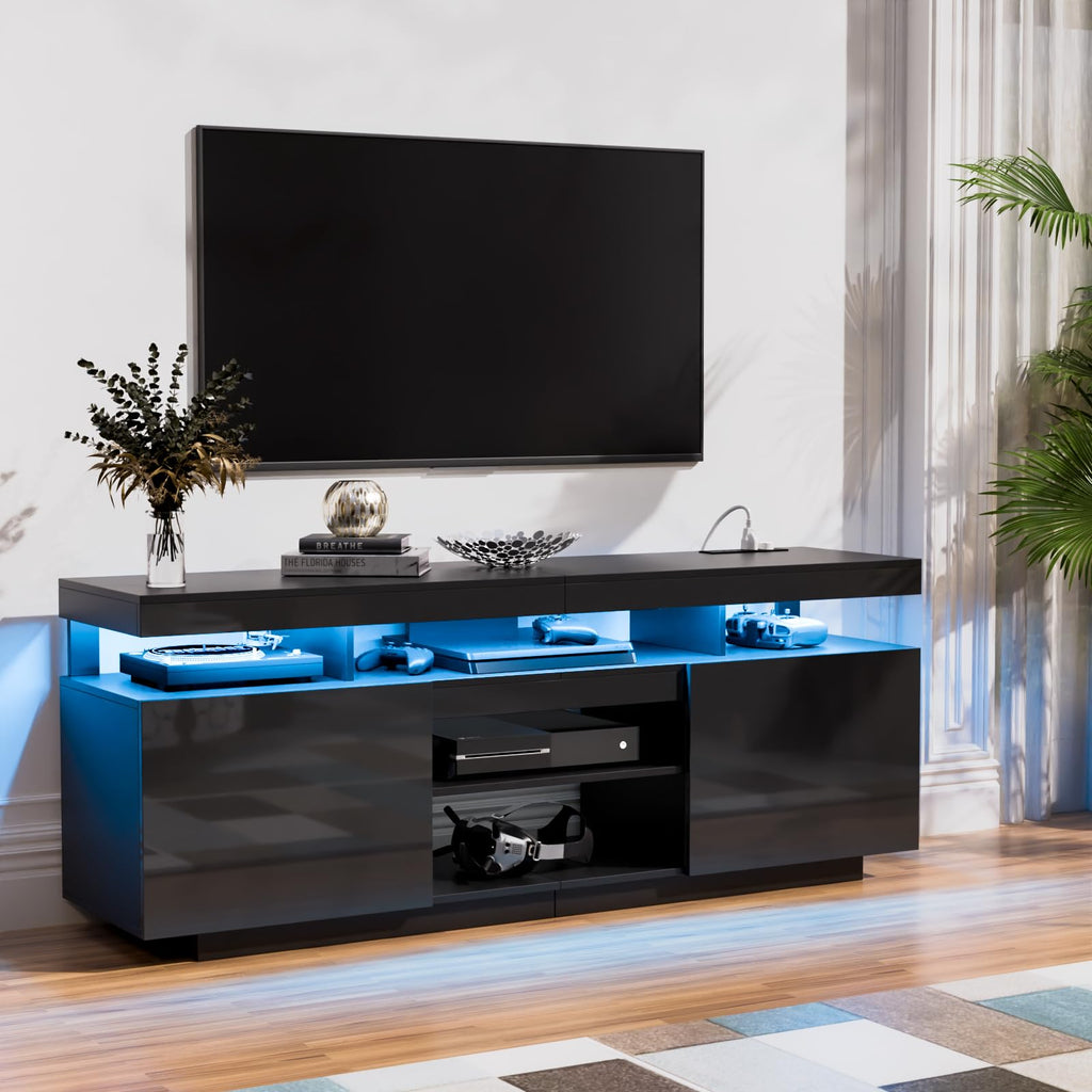 HOMMPA Modern LED TV Stand for 55 Inch TV, Black Tall TV Console with Power Outlet, Entertainment Center with Storage, High Gloss Gaming Media Console Cabinet for Living Room (47 Inch)