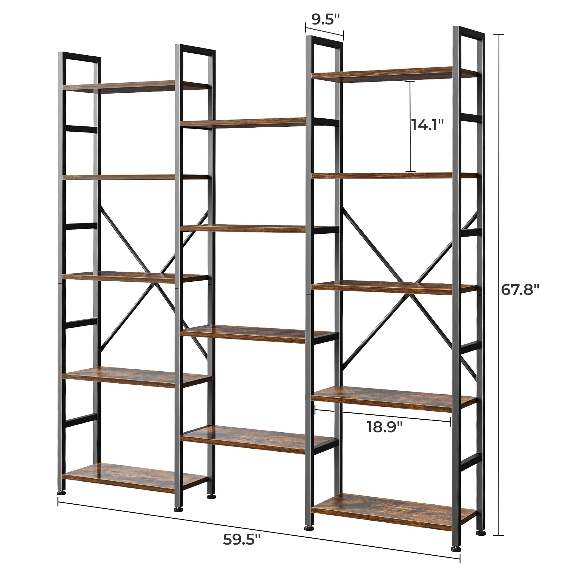 SUPERJARE Triple Bookshelf, Bookcase with 11 Open Display Shelves, Wide Book Shelf Book Case for Home & Office, 4 Tier, Black