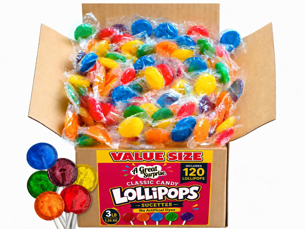 A Great Surprise Classic Lollipops - 3 Pounds - Individually Wrapped Candies - Flat Round Bulk Suckers For Kids, Doctors Office, Schools, Banks