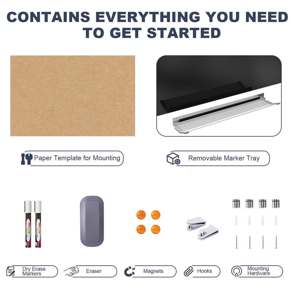 Dry Erase Board Black Magnetic Glass Whiteboard, TANKEE Modern Large Frameless Tempered Glass White Board for Wall, Office, School, Home, 36” x 24”, 3' x 2' White Board