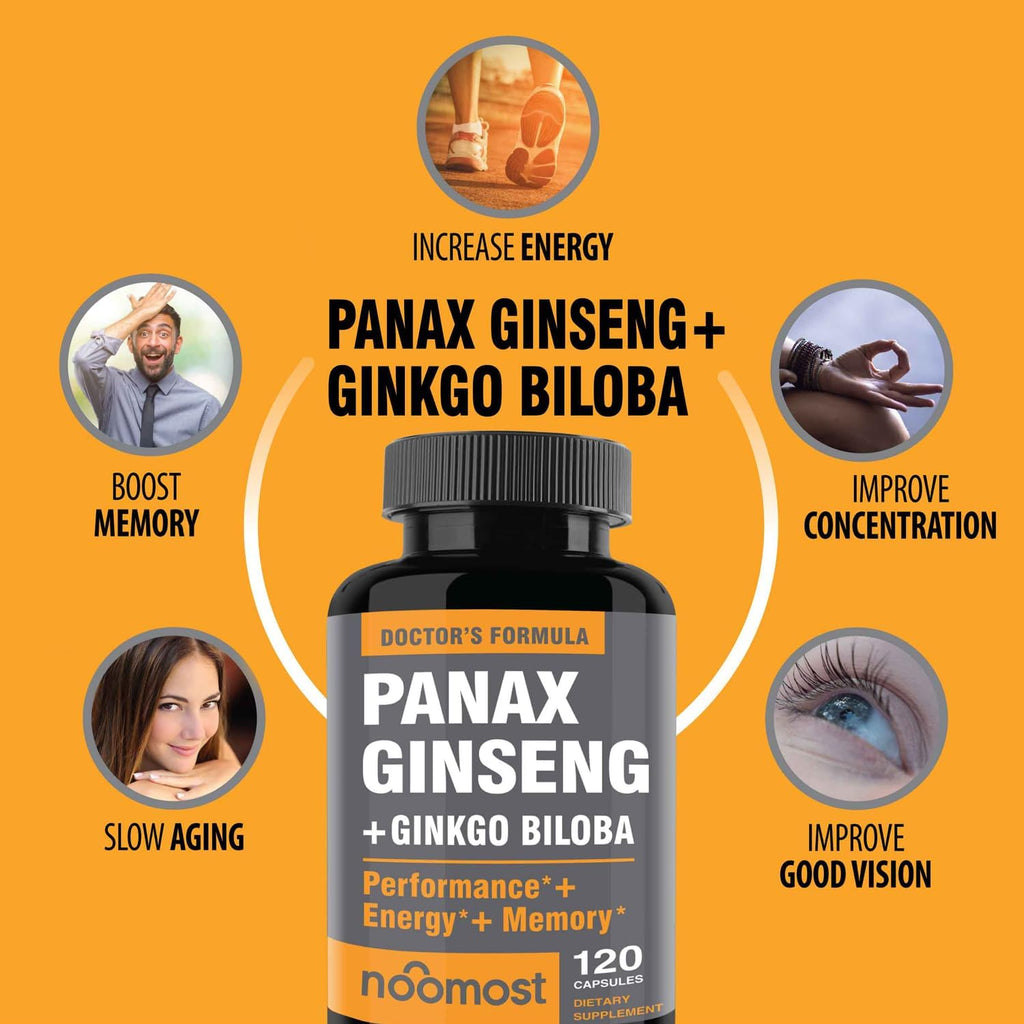 NooMost Authentic Korean Red Panax Ginseng + Ginkgo Biloba, 120 Vegan Capsules, Ginseng Root Extract Powder 1000mg (10% Ginsenosides) + Gingko Biloba 60mg, Energy and Focus Pills for Men and Women