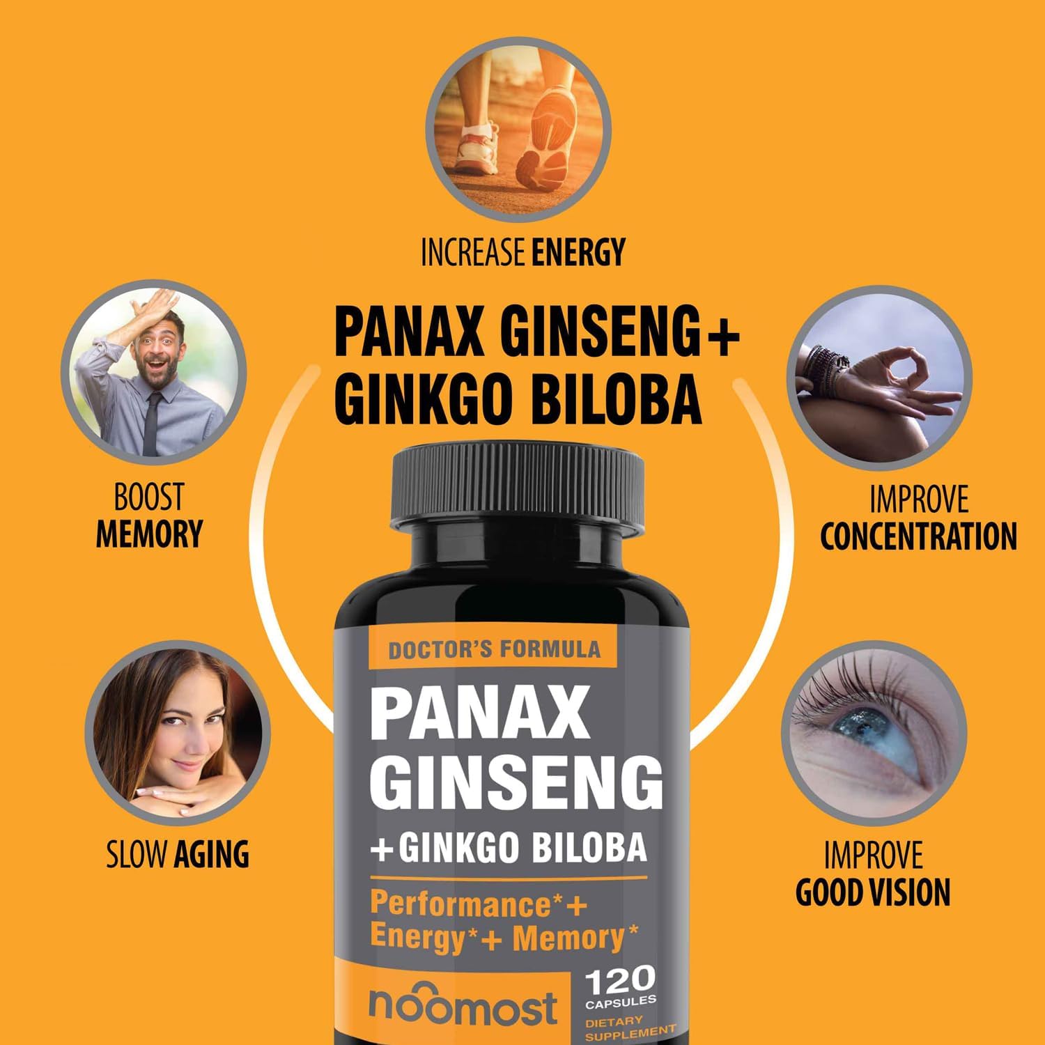 NooMost Authentic Korean Red Panax Ginseng + Ginkgo Biloba, 120 Vegan Capsules, Ginseng Root Extract Powder 1000mg (10% Ginsenosides) + Gingko Biloba 60mg, Energy and Focus Pills for Men and Women