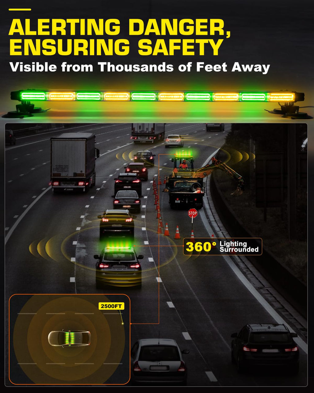 42" Roof Top Strobe Light Bar Amber White Emergency Traffic Advisor Lights, Double Side Warning Safety Flashing w/Magnetic Mount for Construction Vehicles Plow Trucks Pickup, Amber/White