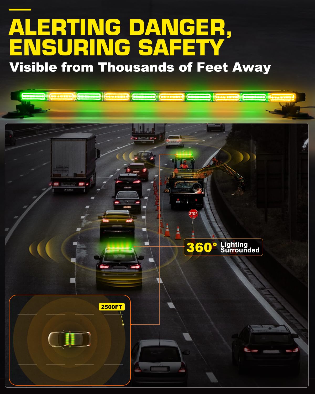 42" Roof Top Strobe Light Bar Amber White Emergency Traffic Advisor Lights, Double Side Warning Safety Flashing w/Magnetic Mount for Construction Vehicles Plow Trucks Pickup, Amber/White