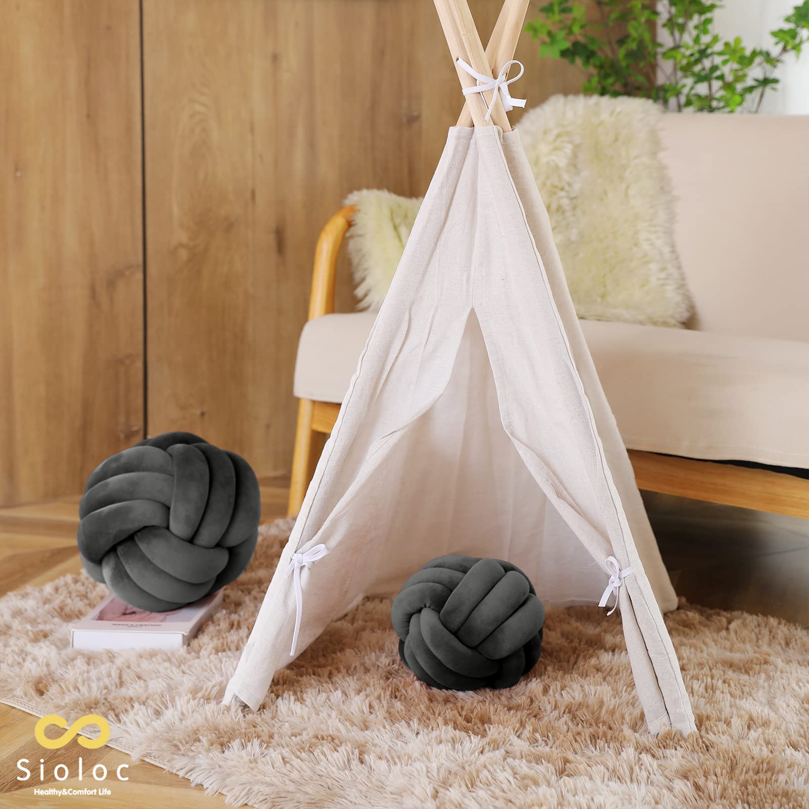 Sioloc Soft Knot Ball Pillows,Round Throw Pillow Cushion Home Decoration Plush Pillow,Throw Knotted Pillow Handmade Round Pillow（7.8inches,Beige）