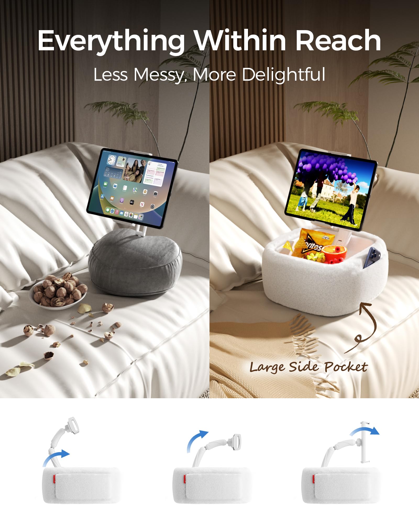 LULULOOK Tablet Pillow Stand, Compatible with iPad, iPhone and 4.7-14.6”Tablet, 360° Adjustable Kindle Pillow Stand for Bed with Ultra Fluffy Fabric & Snack Bowl (Cloudy White)