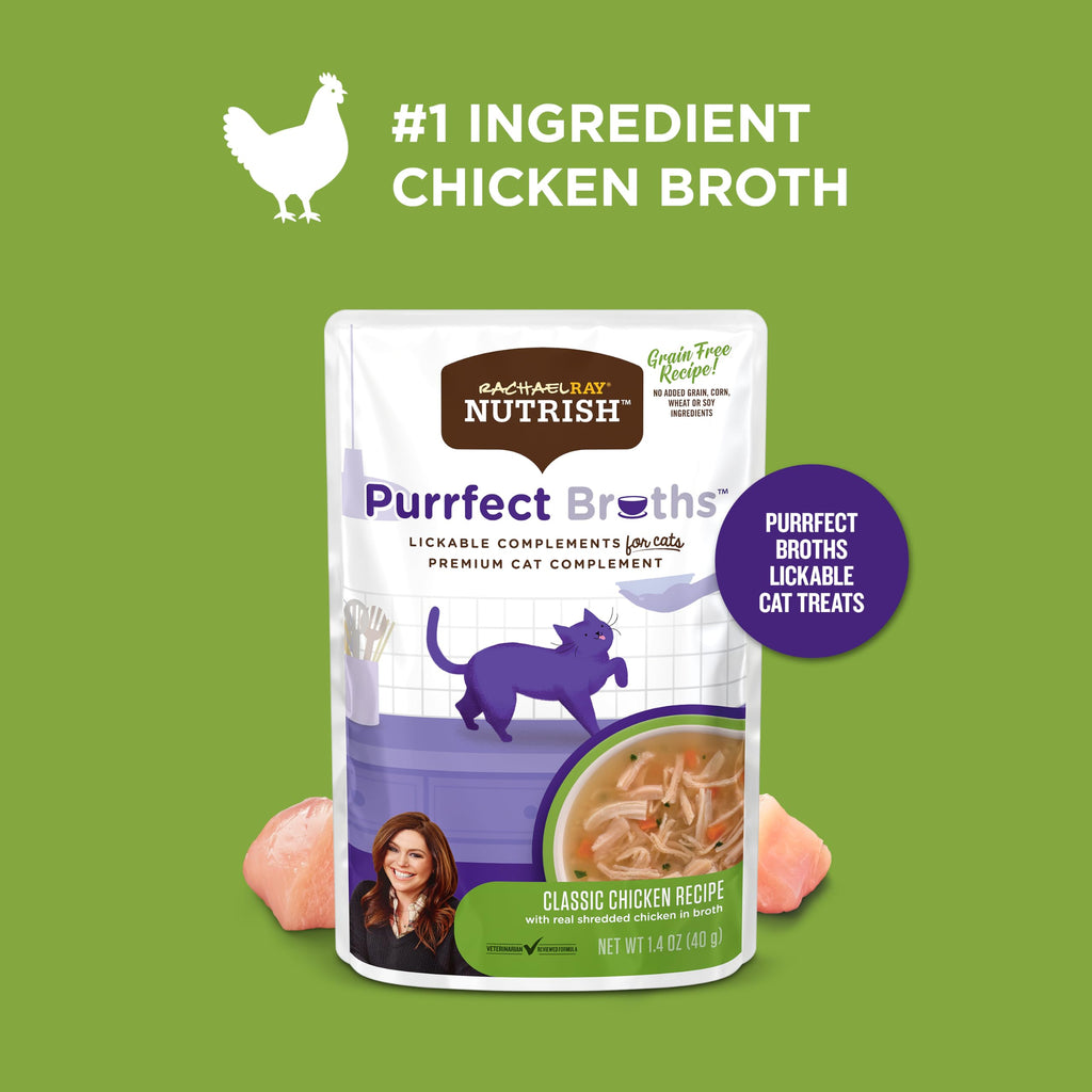 Nutrish Rachael Ray Purrfect Broths Classic Chicken Recipe, Lickable Complements for Cats, 1.4 oz. Pouch, 24 Count