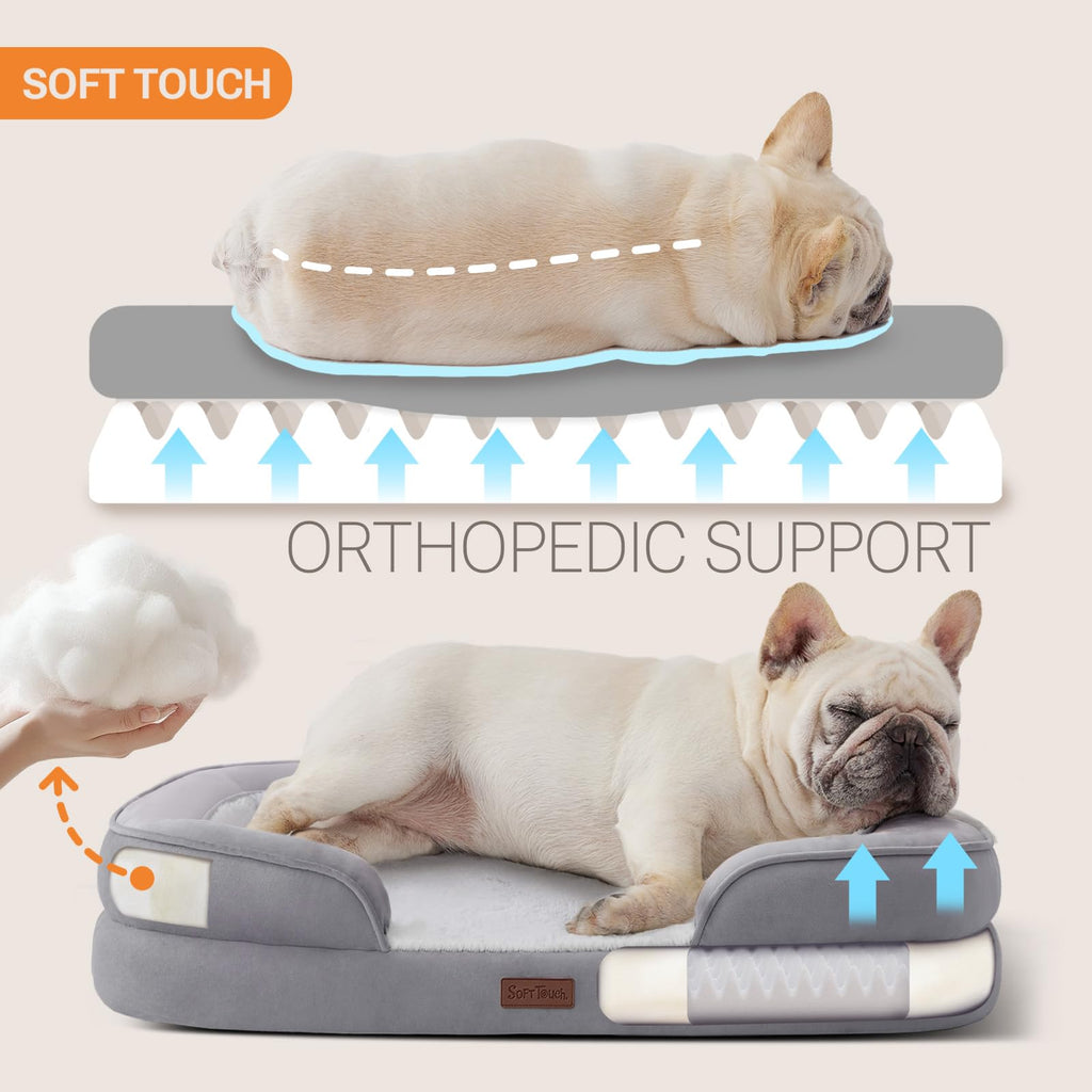 Soft Touch Orthopedic Dog Bed for Large Dogs with Faux Fur Top, Waterproof Pet Couch Bed with Removable Washable Cover and Supportive Foam Filling (Grey, Large)