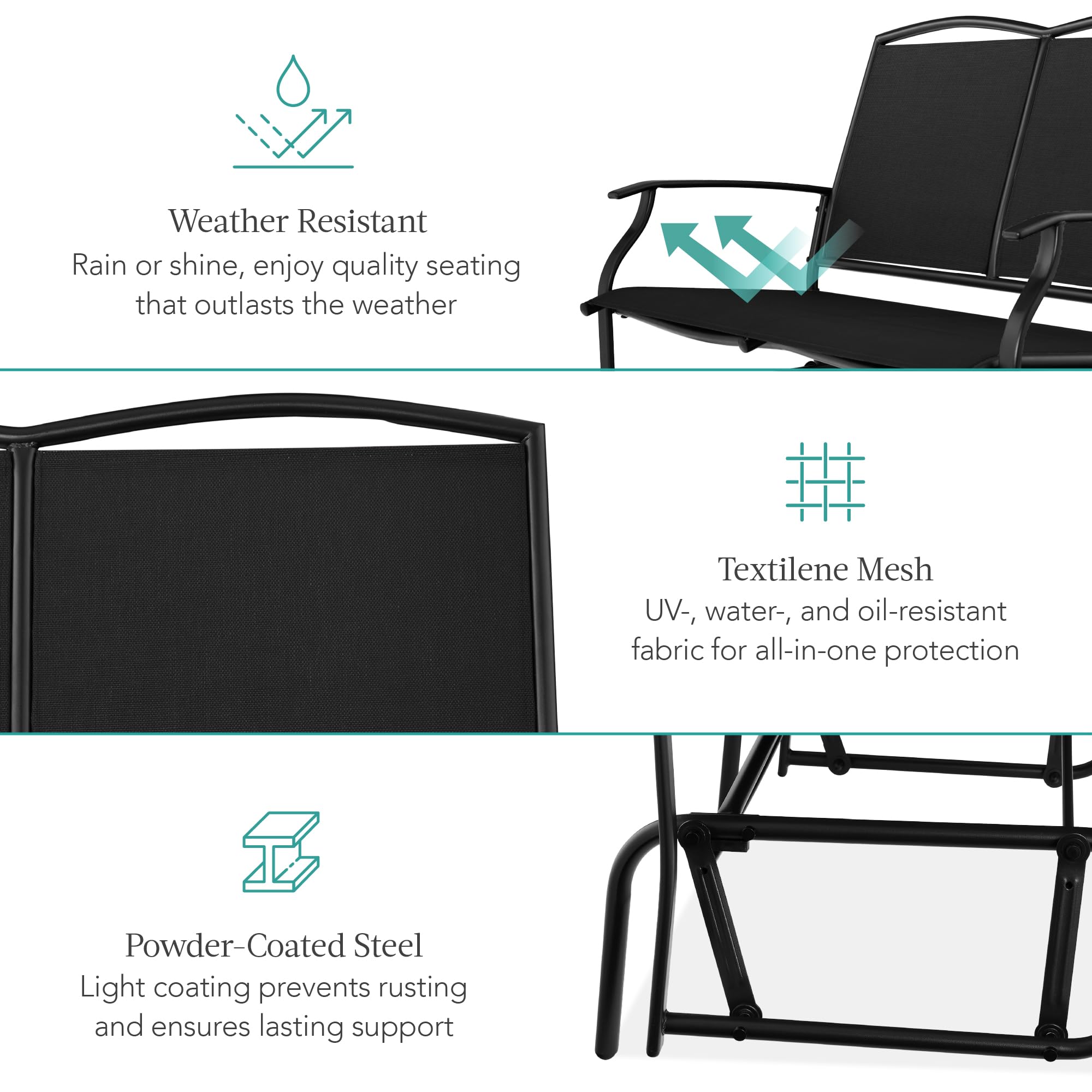 Best Choice Products 2-Person Outdoor Patio Swing Glider Steel Bench Loveseat Rocker for Deck, Porch w/Textilene Fabric, Steel Frame - Black