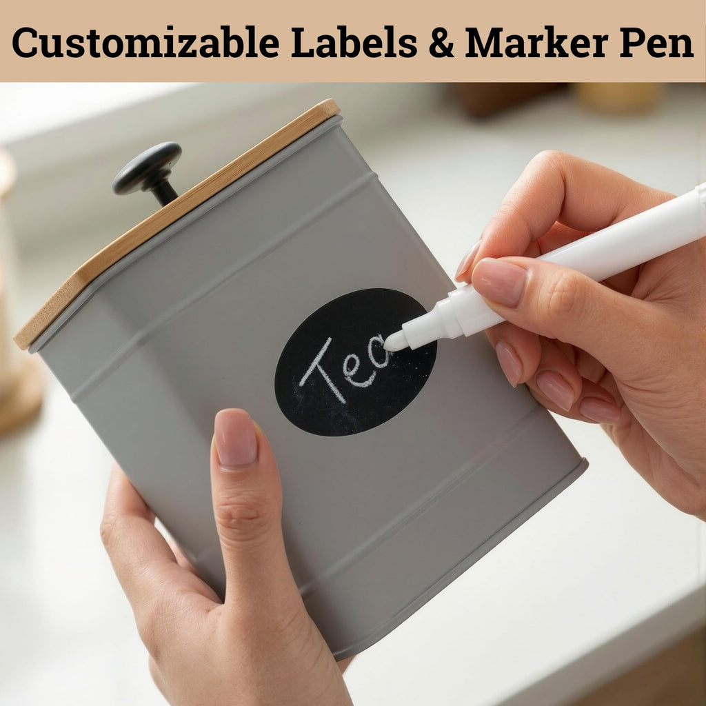Kitchen Canisters for Countertop Set of 4 w/ Chalkboard Labels & Marker Pen | Airtight Easy Open Bamboo Lids, Dent-Resistant Thick Metal, Customizable Chalkboard Labels, Marker Pen Included, Set of 4
