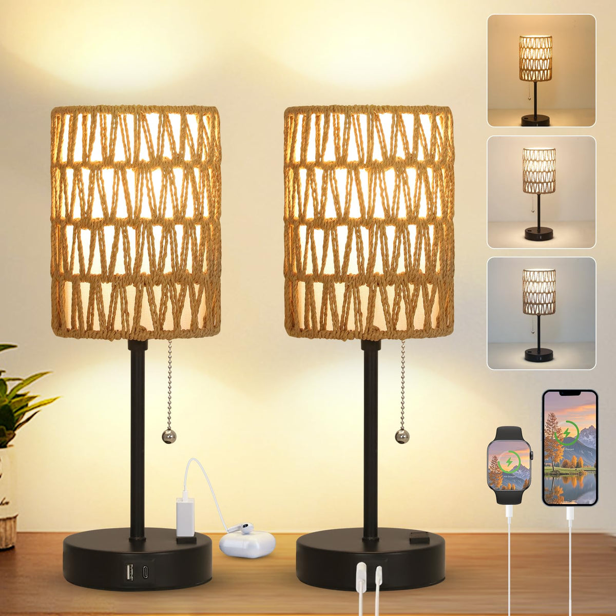 Rattan Bedside Table Lamps Set of 2 - Boho Lamps With 3 Color Temperatures & USB AC Port, Pull Chain Table Lamp For Bedroom, Cute Small Lamp For Nightstand Office Desk Bed Side End Table Living Room