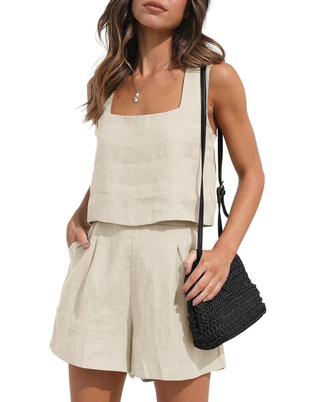Womens Linen 2 Piece Outfits Lounge Sets sleeveless Tank Tops and High Waist Shorts Summer Vacation Set