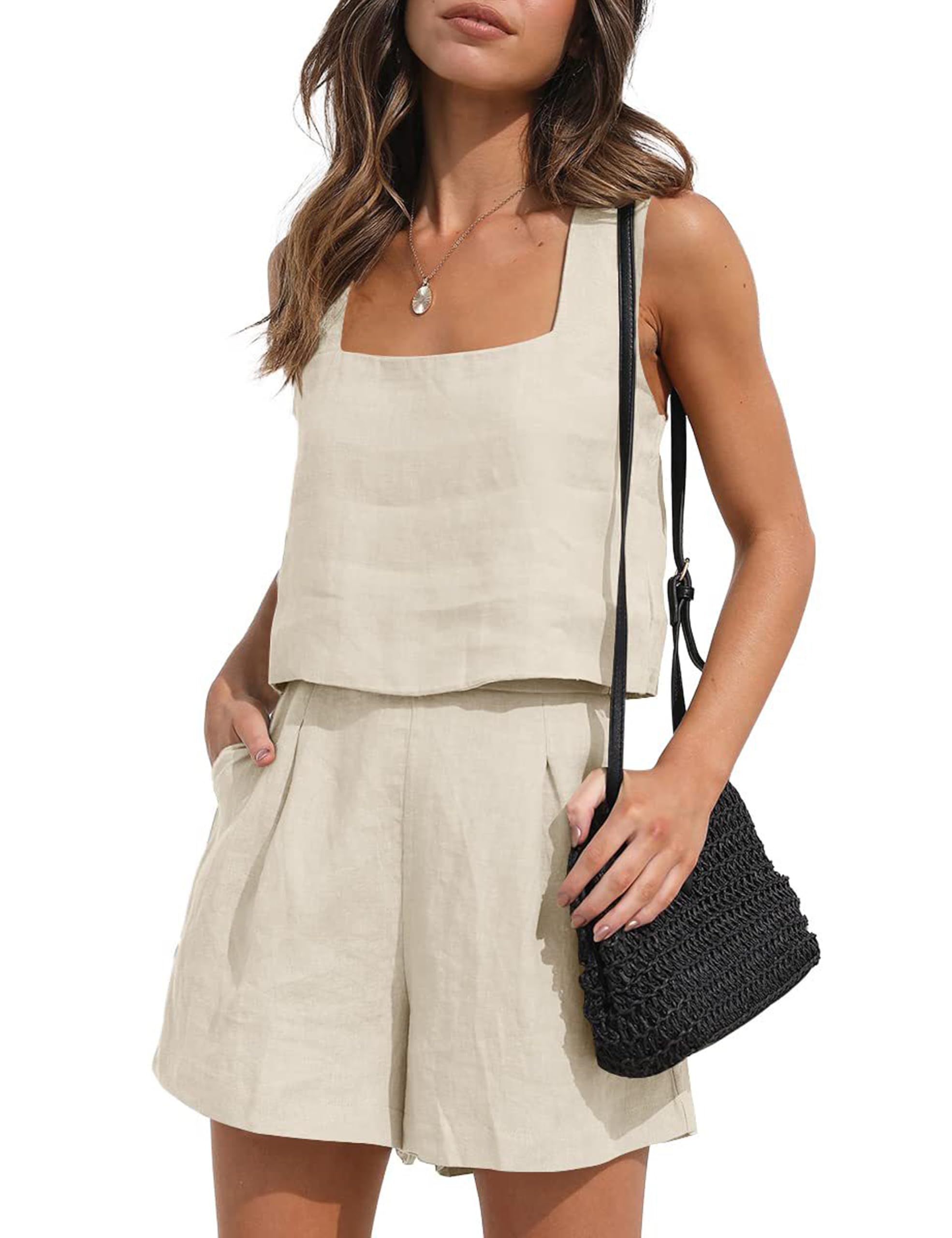 Womens Linen 2 Piece Outfits Lounge Sets sleeveless Tank Tops and High Waist Shorts Summer Vacation Set