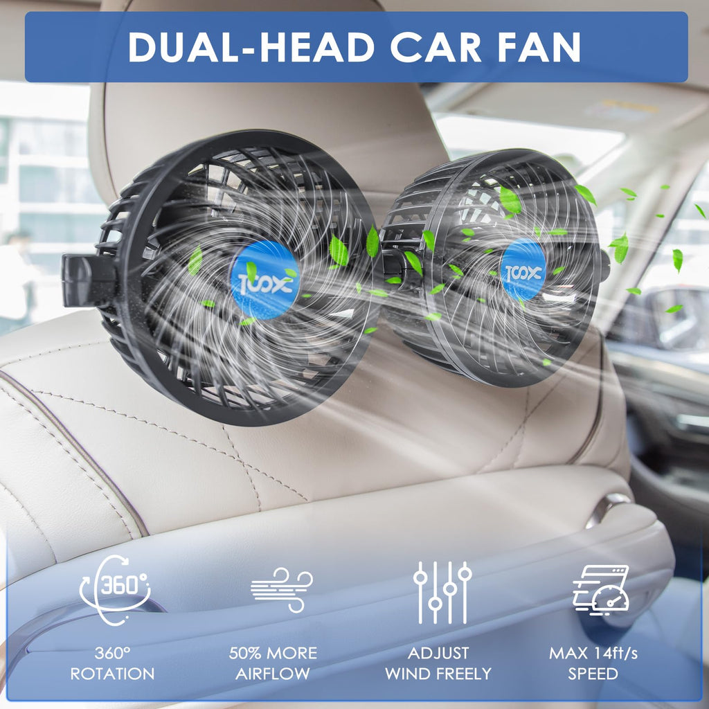XOOL Clip Car Fan, 9 Inches 12V/24V Fan, 360° Rotatable Electric Cooling Clip on Fan with Stepless Speed Regulation for SUV, RV, Truck