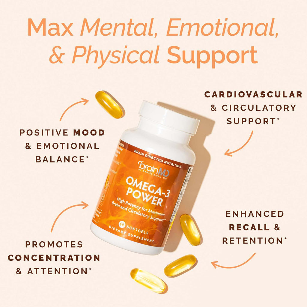 BRAINMD Omega-3 Power - 60 Capsules - Joint & Immune Support Supplement - Contains DHA & EPA - Gluten Free - Dr Amen - 30 Servings