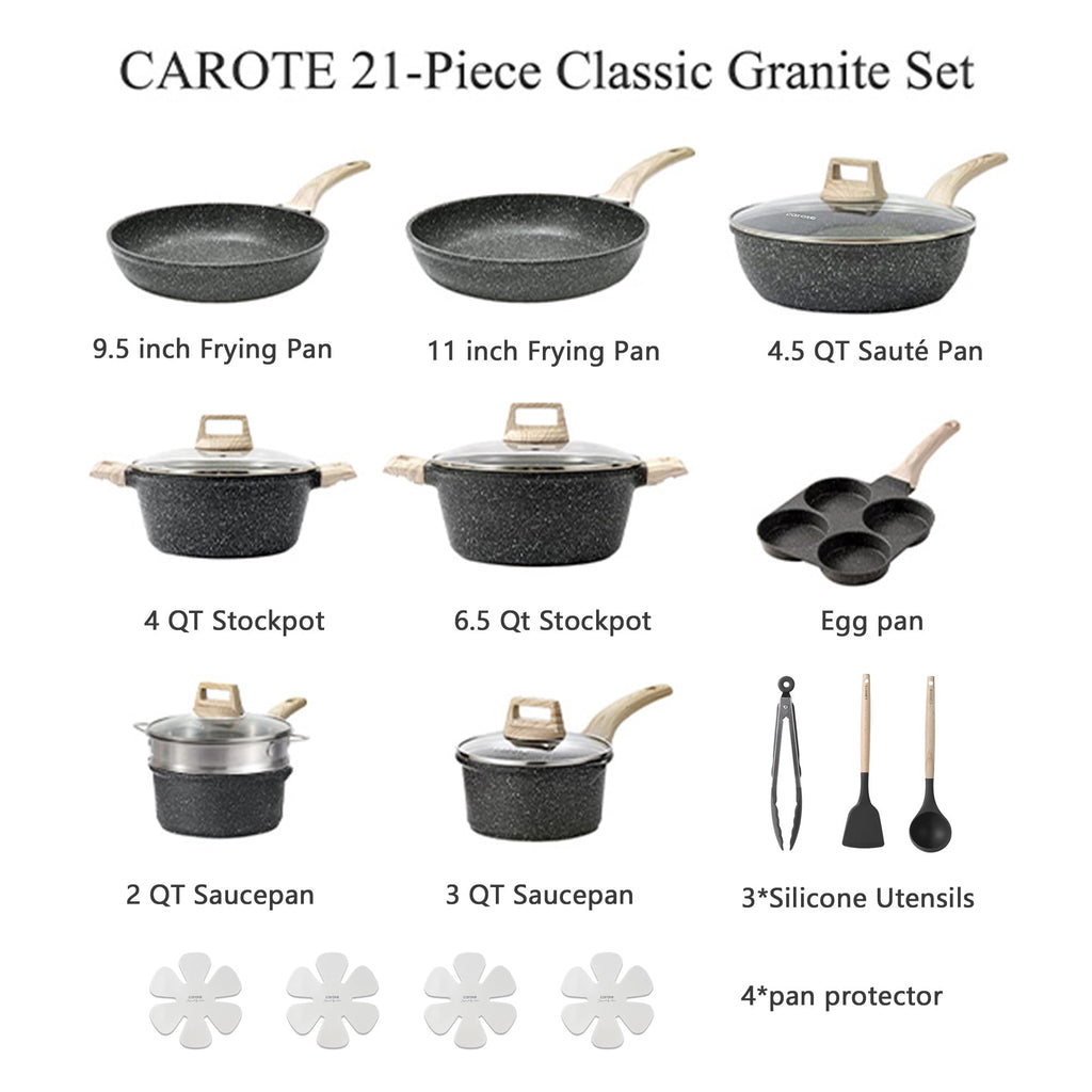 CAROTE 21pcs Pots and Pans Set Nonstick, Cookware Set Black Induction Kitchen Cooking Set w/Frying Pans & Saucepans(PFOS, PFOA Free)