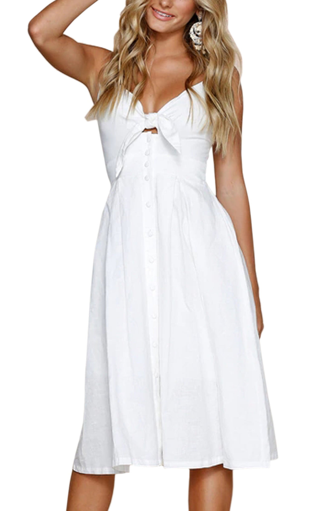 ECOWISH Women 2026 Summer Dresses Tie Front V-Neck Spaghetti Strap Button Down A-Line Backless Swing Midi Dress