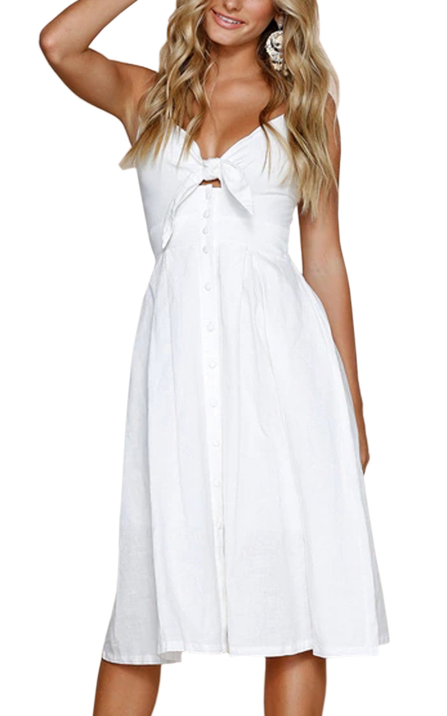ECOWISH Women 2026 Summer Dresses Tie Front V-Neck Spaghetti Strap Button Down A-Line Backless Swing Midi Dress