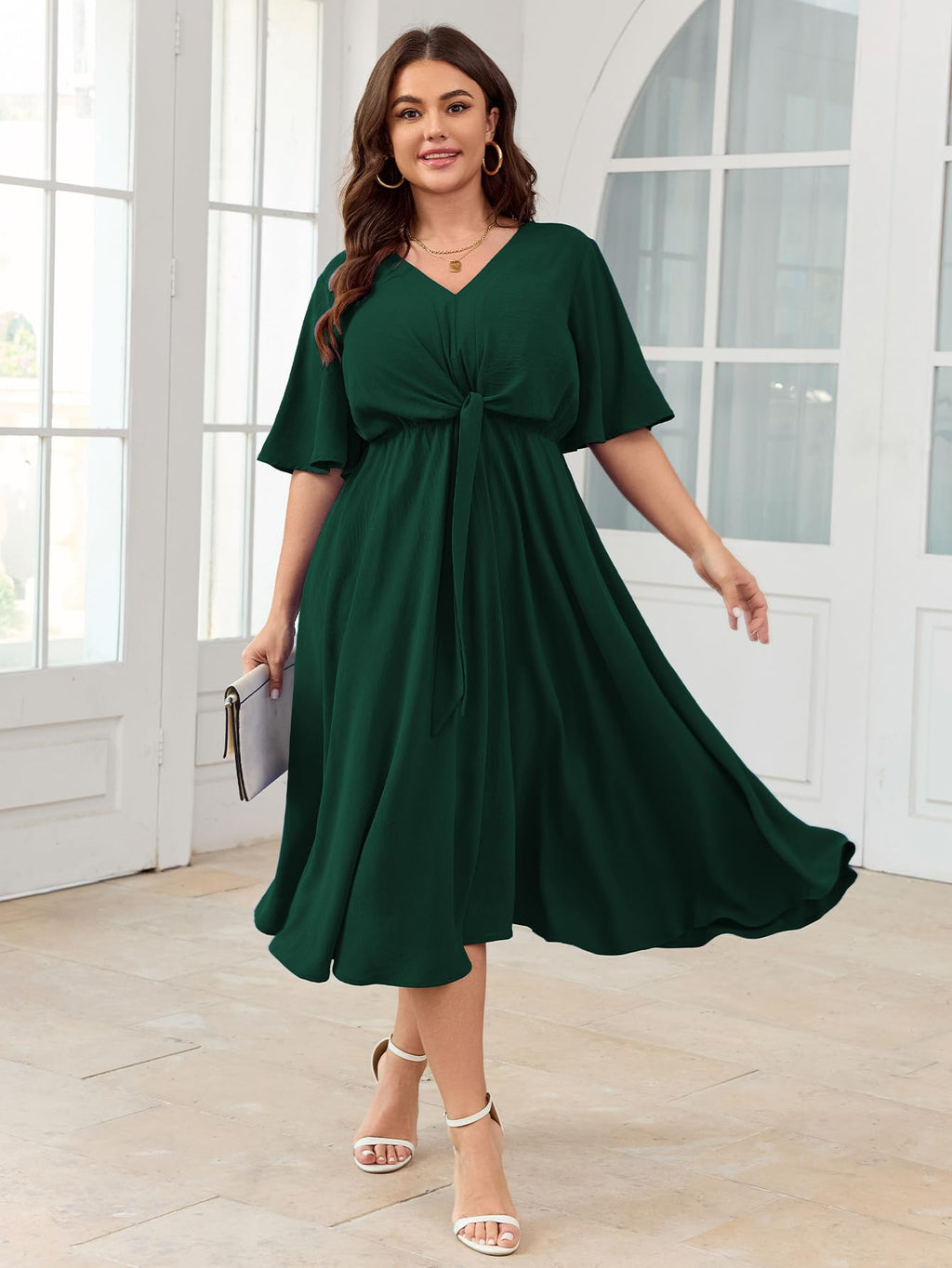 SCOMCHIC Women Plus Size Midi Dresses Wedding Guest Short Sleeve V Neck Tie Waist Casual Summer Flowy A Line Dress