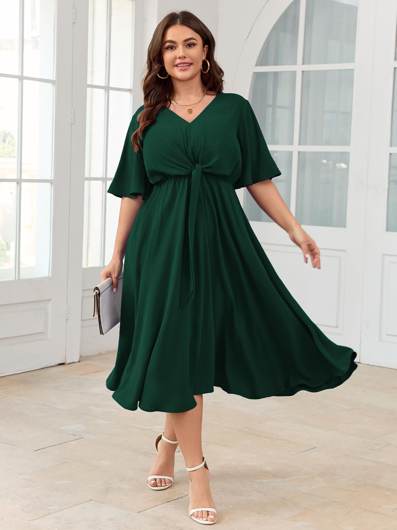 SCOMCHIC Women Plus Size Midi Dresses Wedding Guest Short Sleeve V Neck Tie Waist Casual Summer Flowy A Line Dress