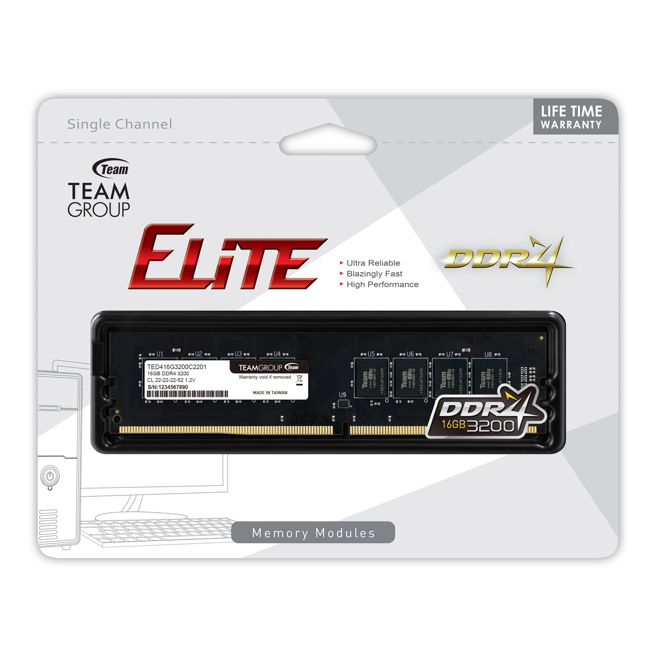 TEAMGROUP Elite DDR4 8GB Single 2666MHz PC4-21300 CL19 Unbuffered Non-ECC 1.2V UDIMM 288 Pin PC Computer Desktop Memory Module Ram - TED48G2666C1901