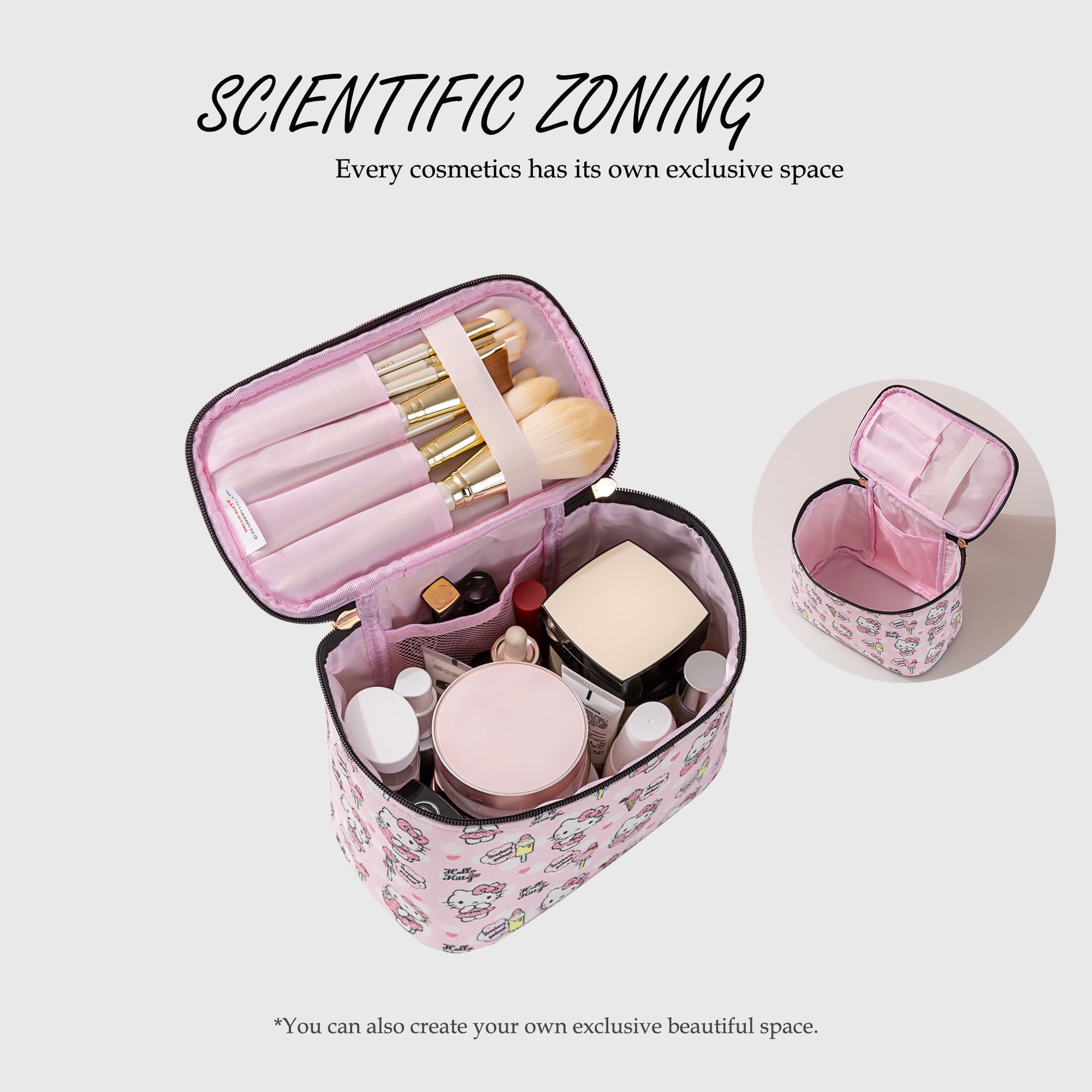 AmBealla Makeup Bag Large Waterproof Cosmetic Bags with Makeup Brush Holder,Cute Printed Makeup Organizer for Women Traveling,Portable Toiletry Bag for Girls