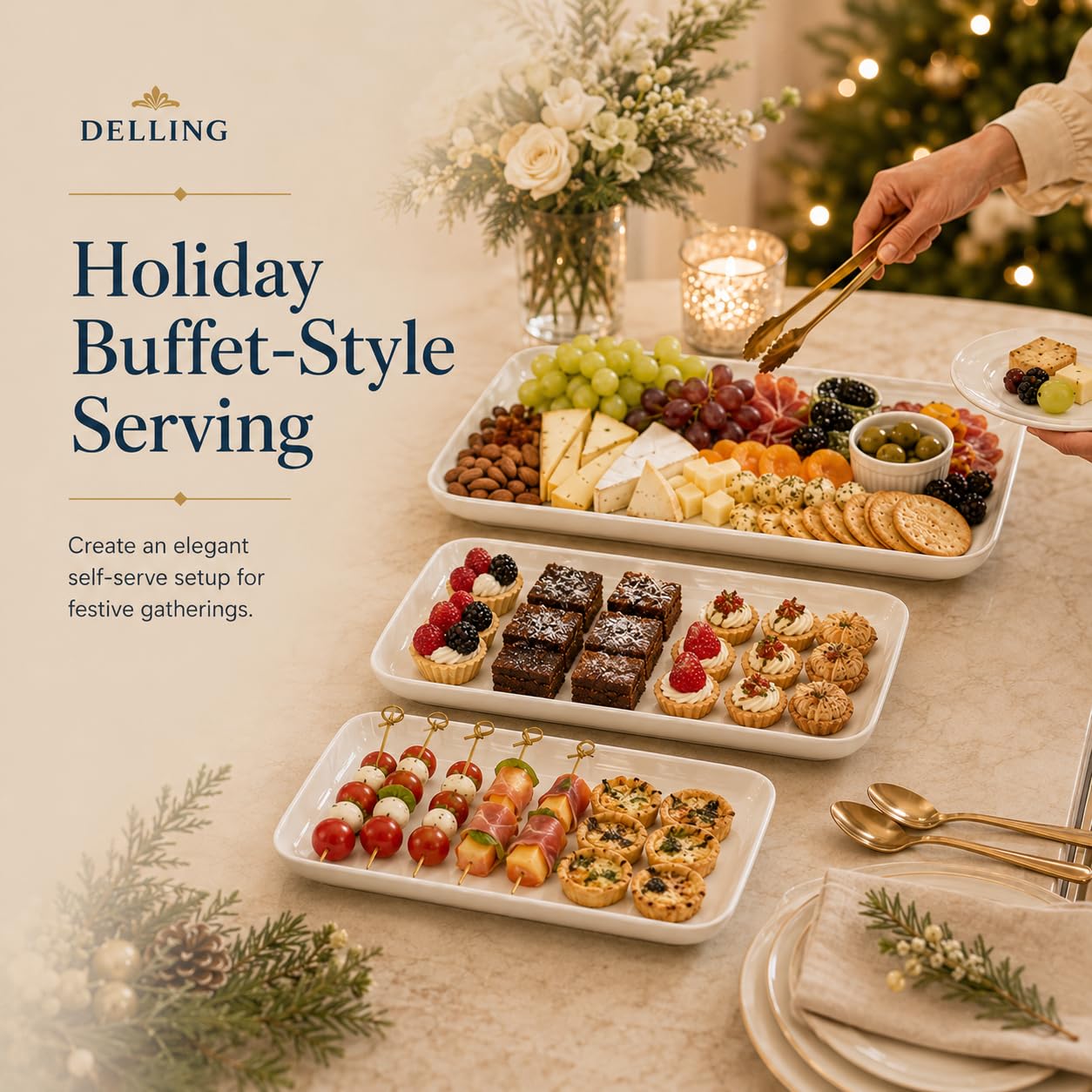 DELLING Large Serving Platter Set of 3, 16/14/12 Inch Porcelain Serving Trays for Party - Black Ceramic Rectangular Platters for Entertaining,Platter for Thanksgiving Christmas, Dishwasher Oven Safe