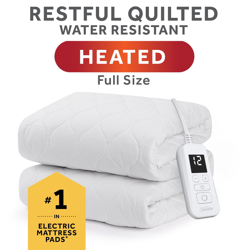 Sunbeam Restful Quilted Water Resistant Heated Mattress Pad - Full White