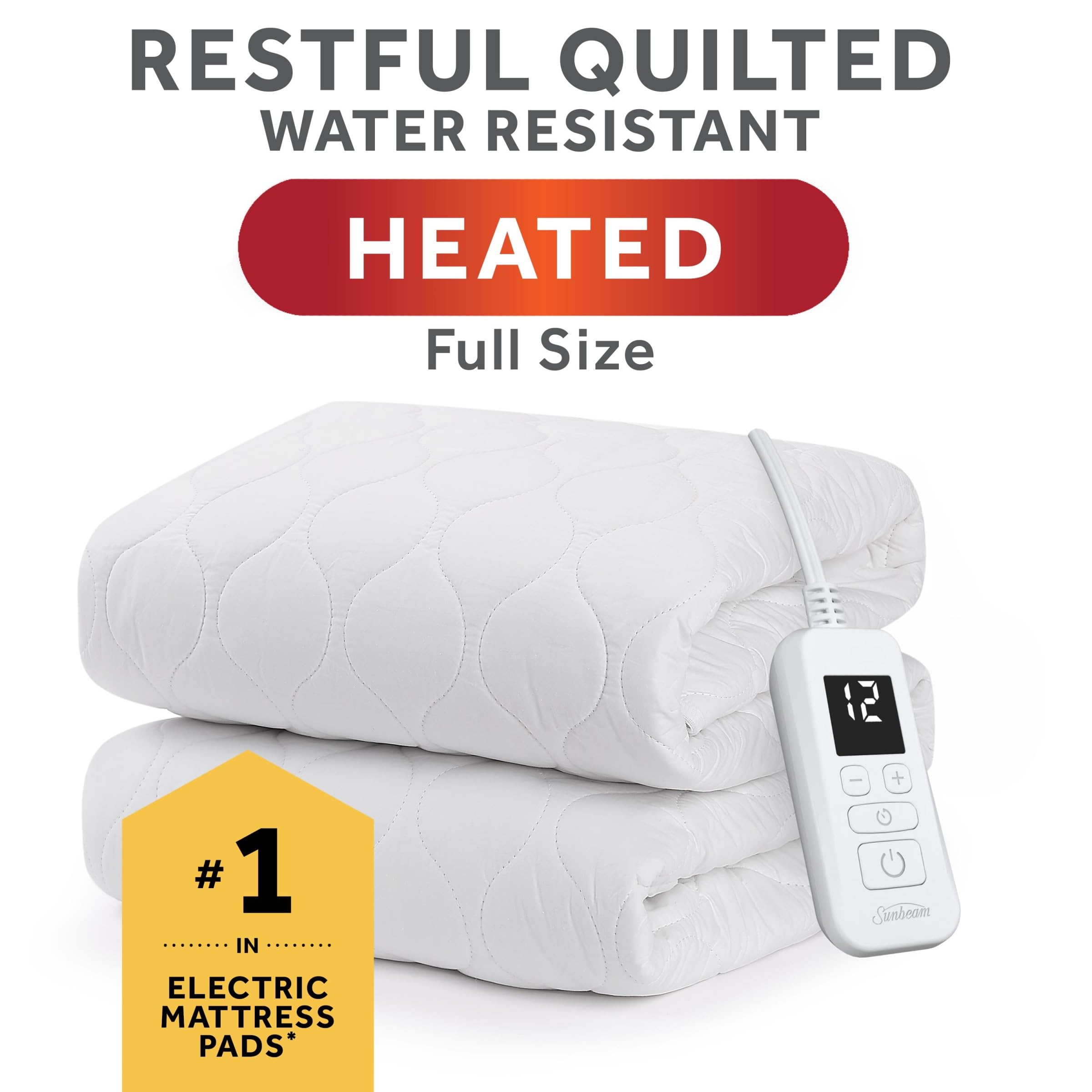 Sunbeam Restful Quilted Water Resistant Heated Mattress Pad - Full White