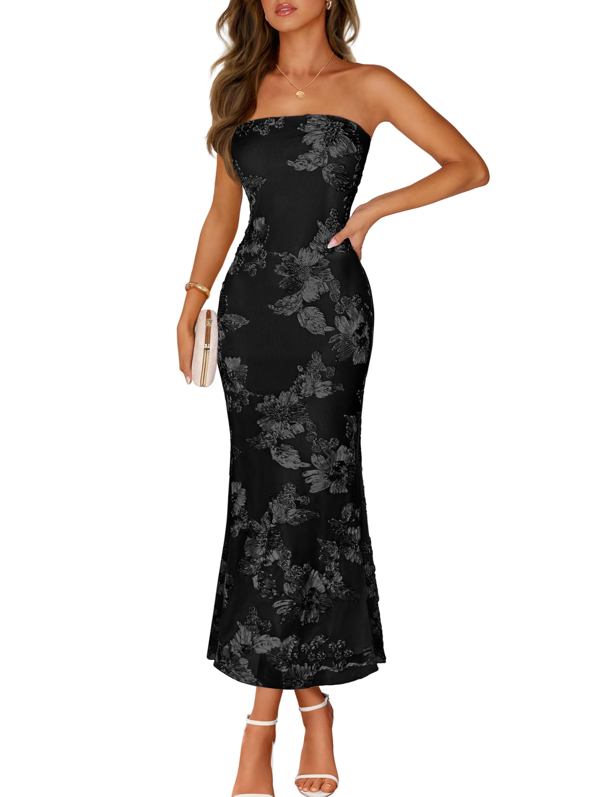 MEROKEETY Women's Floral Strapless Maxi Dress 2026 Summer Mesh Tube Bodycon Formal Wedding Guest Cocktail Party Long Dresses
