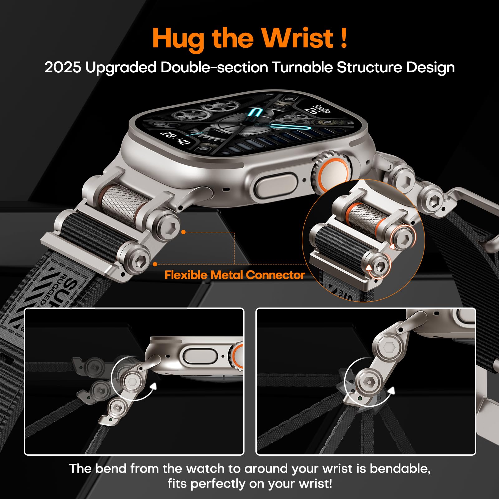 TAURI Nylon for Apple Watch Bands SE/Series 9/8/7/6/5/4 44/45mm, Rugged Nylon Braided Strap & Stainless Steel Connector – iWatch 44mm/45mm Adjustable Woven Band for Men Women, All Black