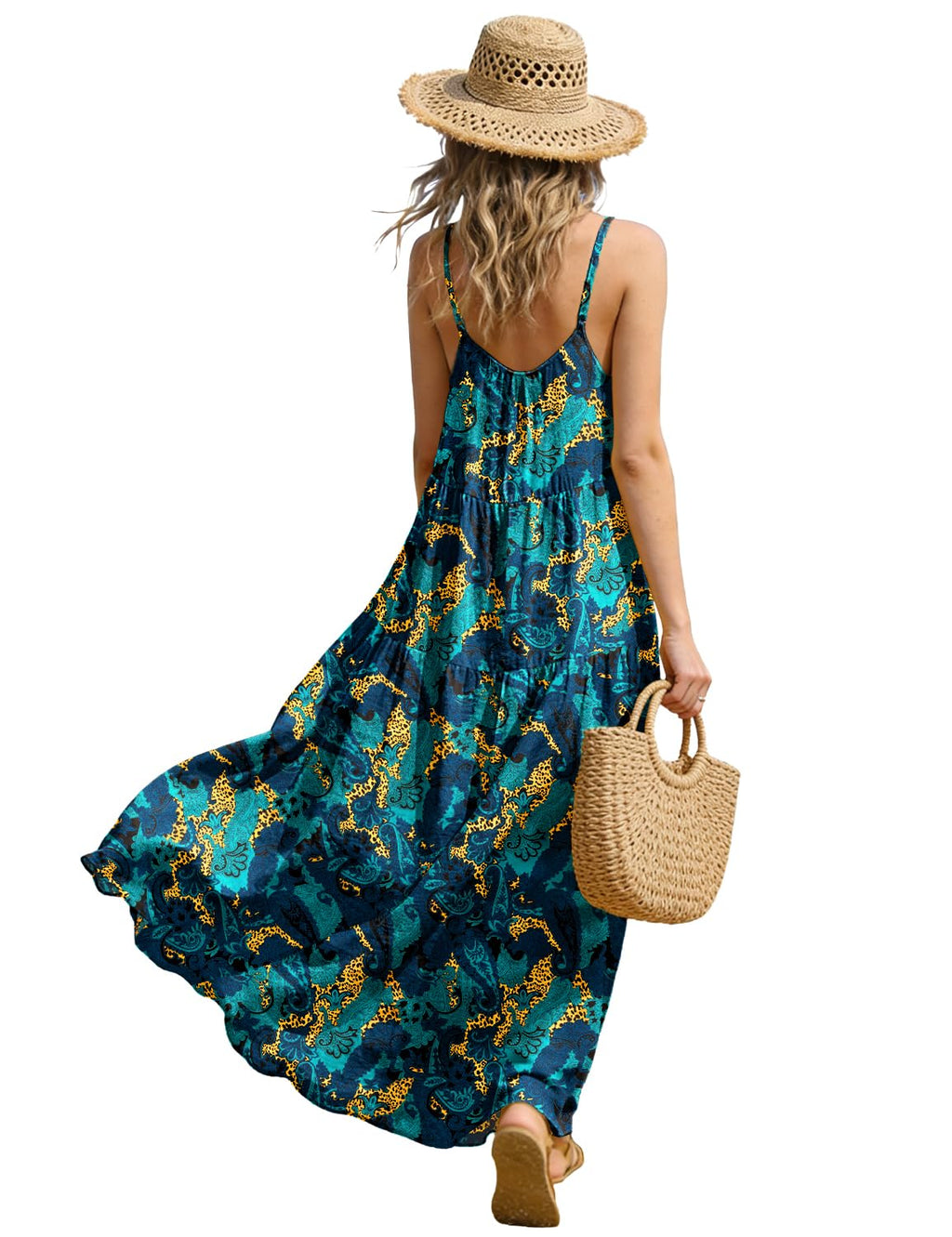 YESNO Summer Bohemian Floral Dresses for Women Spaghetti Straps Maxi Dress Casual Flowy Dresses with Pockets ES0