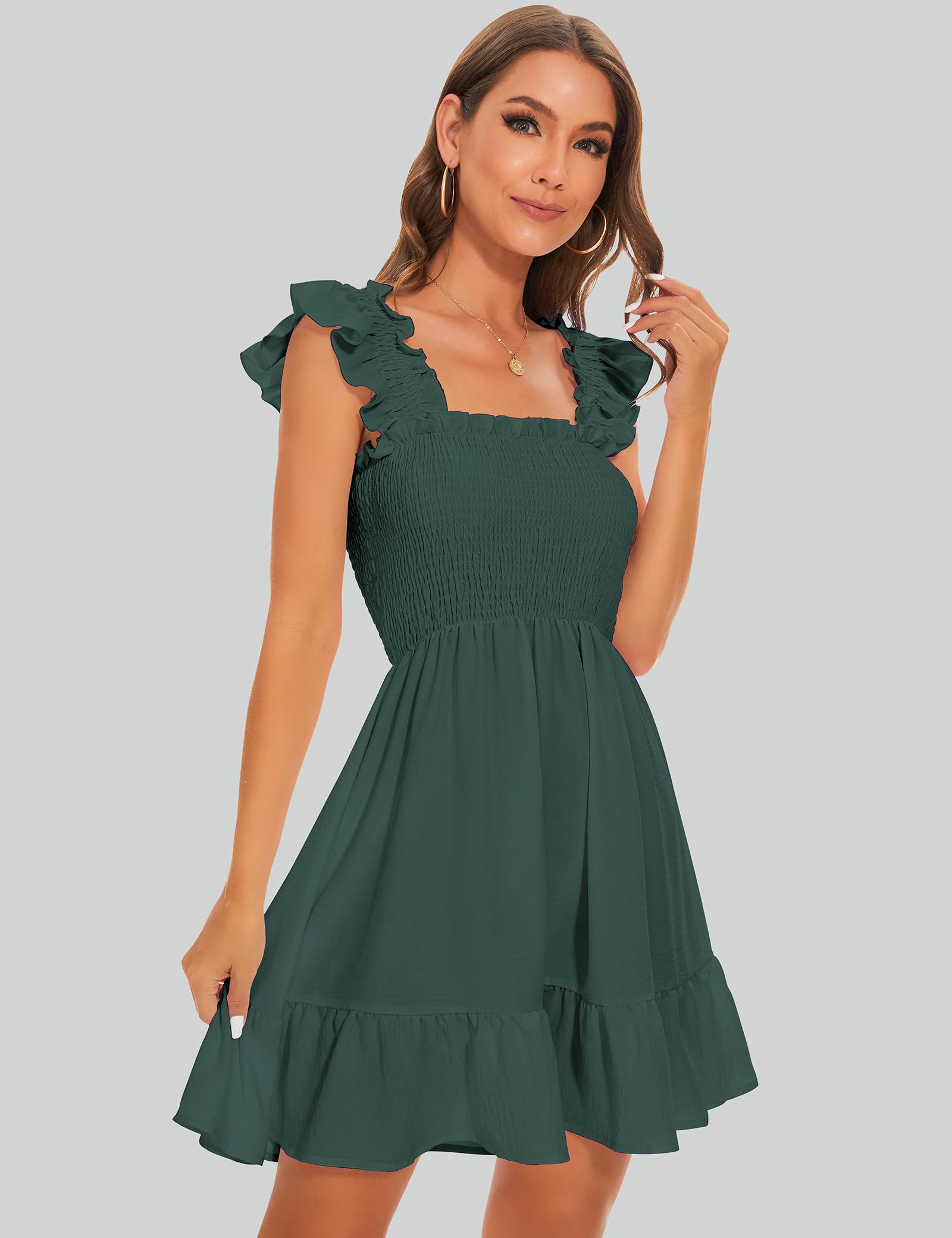 ROYLAMP Women's Smocked Dresses Square Neck Elegant Tiered Boho Ruffle Shoulder Swing Flowy Summer Casual Mini Dress