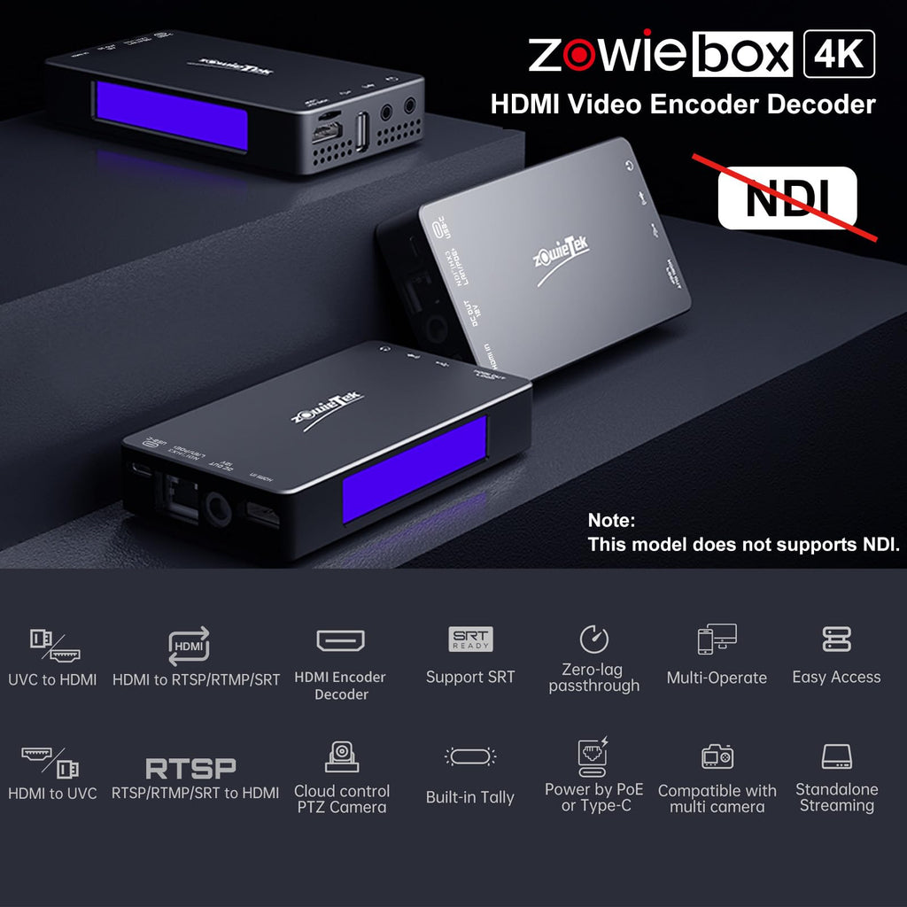 4K HDMI Video Encoder/Decoder, ZowieBox, Native NDI HX3 (Certified) Converter/Player, UVC to HDMI, Pass-Through Video Capture, SRT/RTMP(S)/RTSP, Live Streaming to YouTube
