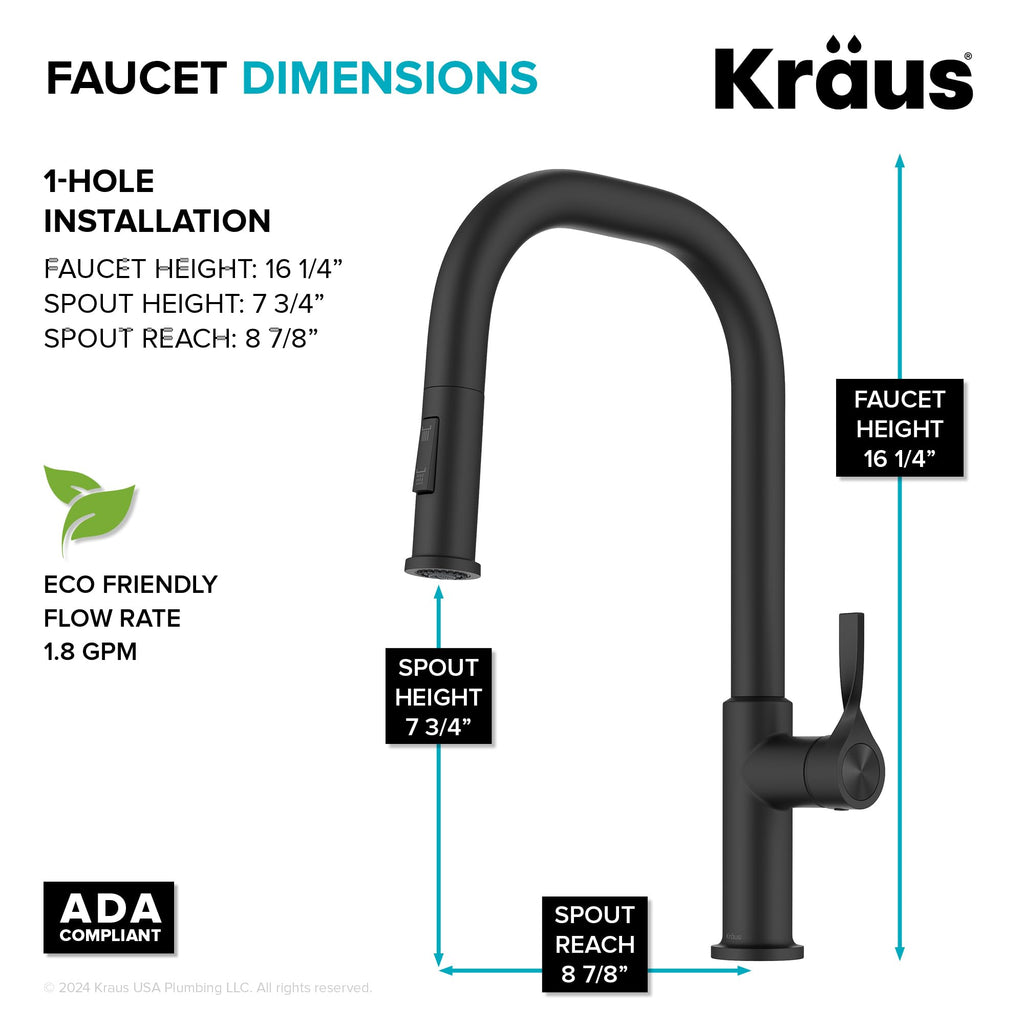 KRAUS Torak Pull Down Kitchen Faucet in Matte Black with Commercial Style Spring Spout, 2 Function Sprayer, Pre-Attached Water Lines, and Mounting Hardware, KPF-2635MB