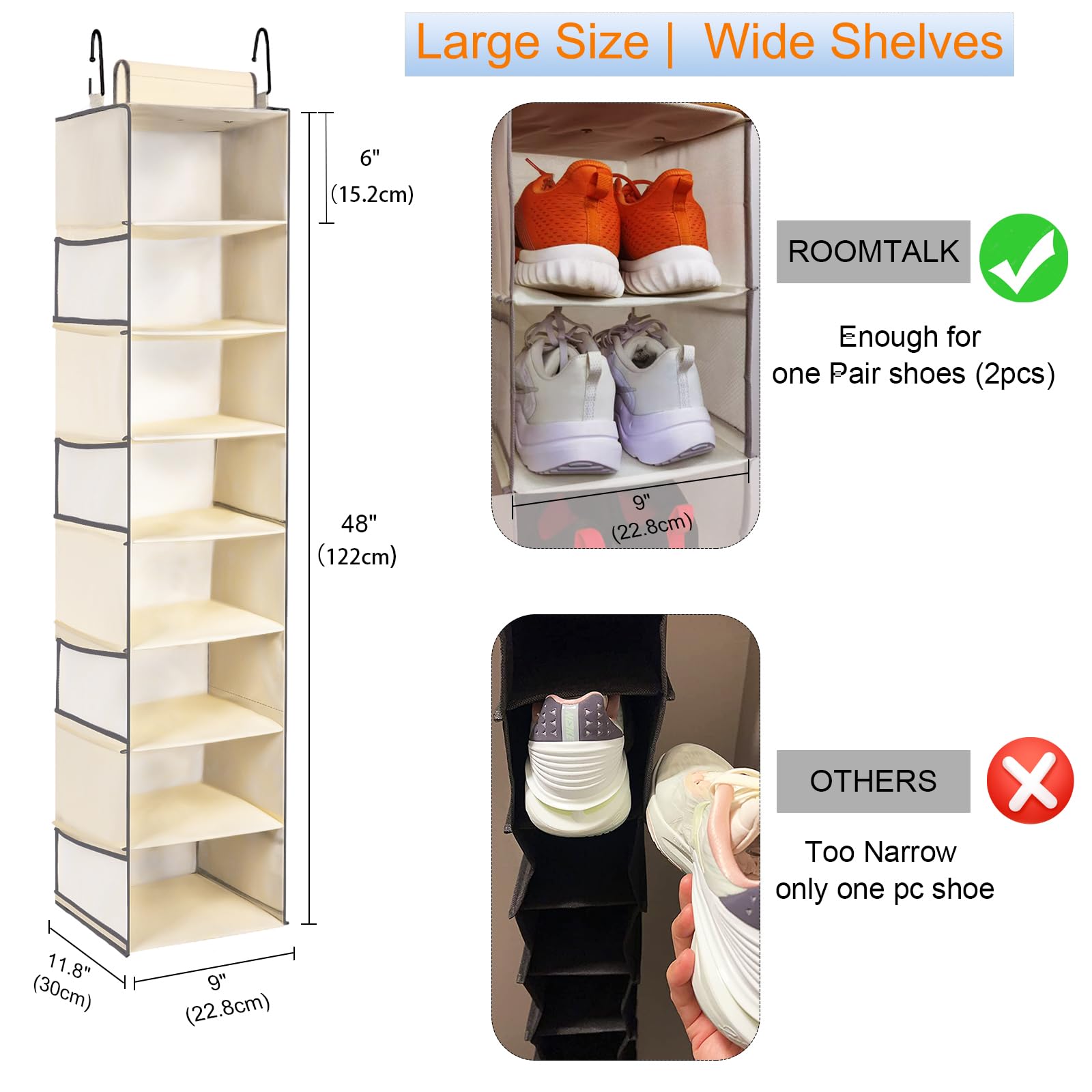 Large-Sized Hanging Shoe Organizer 8-Shelf, Hanging Closet Organizer with 8 Side Pockets, Wider Hanging Shelves for Storage Shoes Clothes 9" W × 11.8" D× 48" H, Beige.
