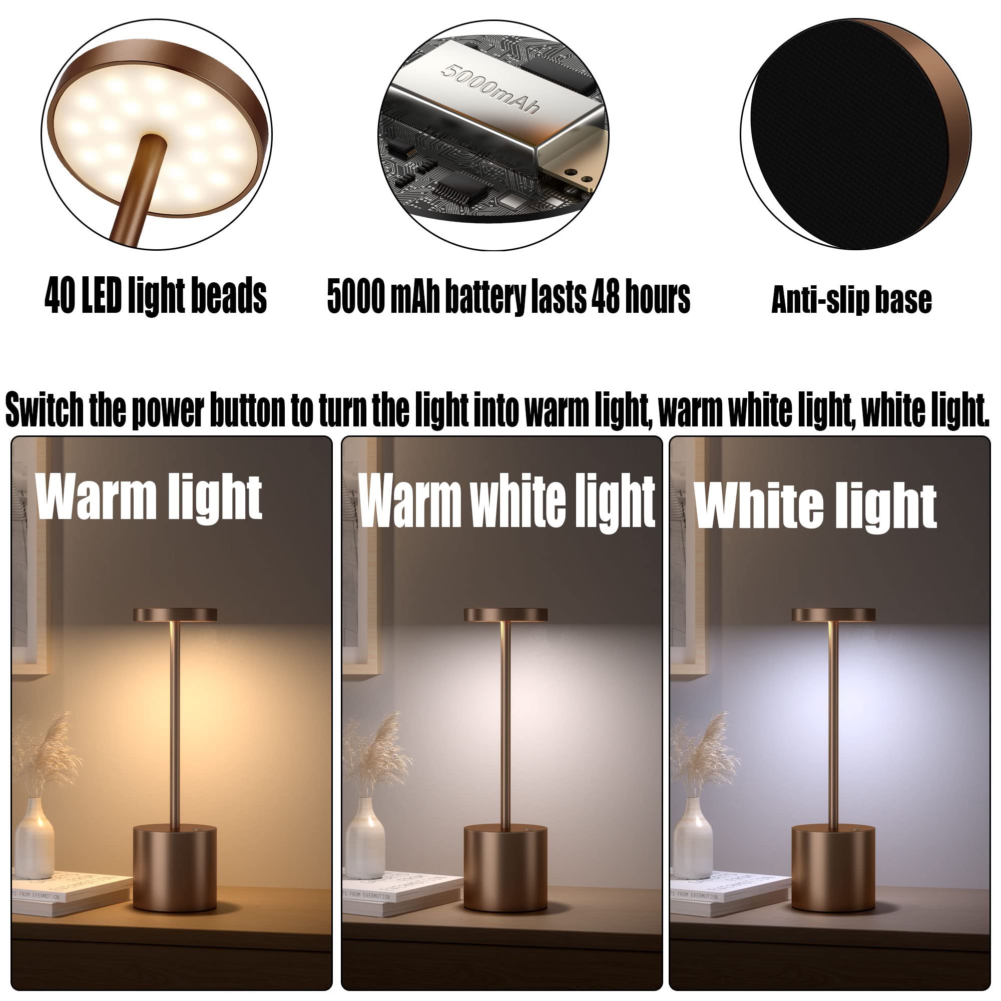 2Pack Cordless Table Lamp, Rechargeable LED Battery 5000mAh Metal USB Portable Powered Desk Lamp, 3 Levels Brightness Light for Restaurants Outdoor (2pack 10.25in Titanium)