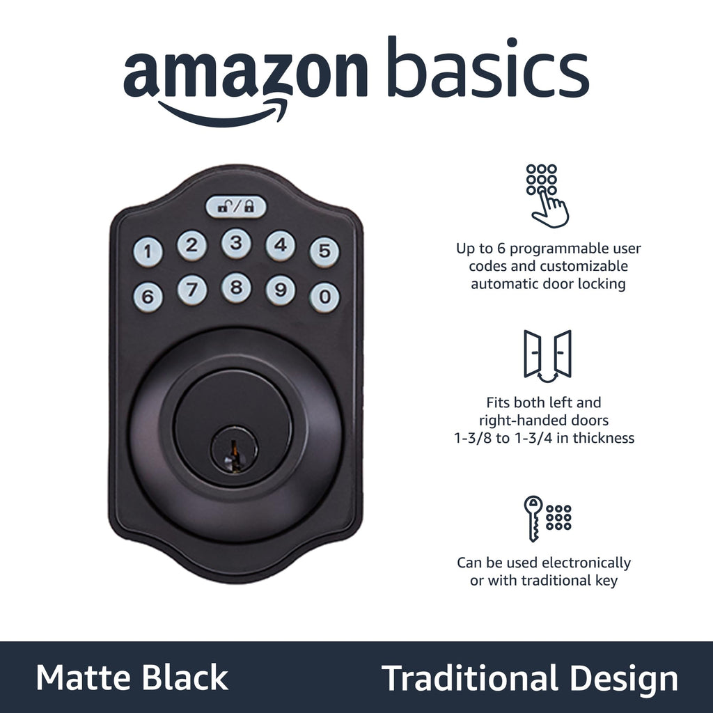 Amazon Basics Electronic Keypad Deadbolt Door Lock with Auto Lock, Touch-Control Keyless Entry, Customizable User Codes, Traditional Design, Matte Black, 1-Pack