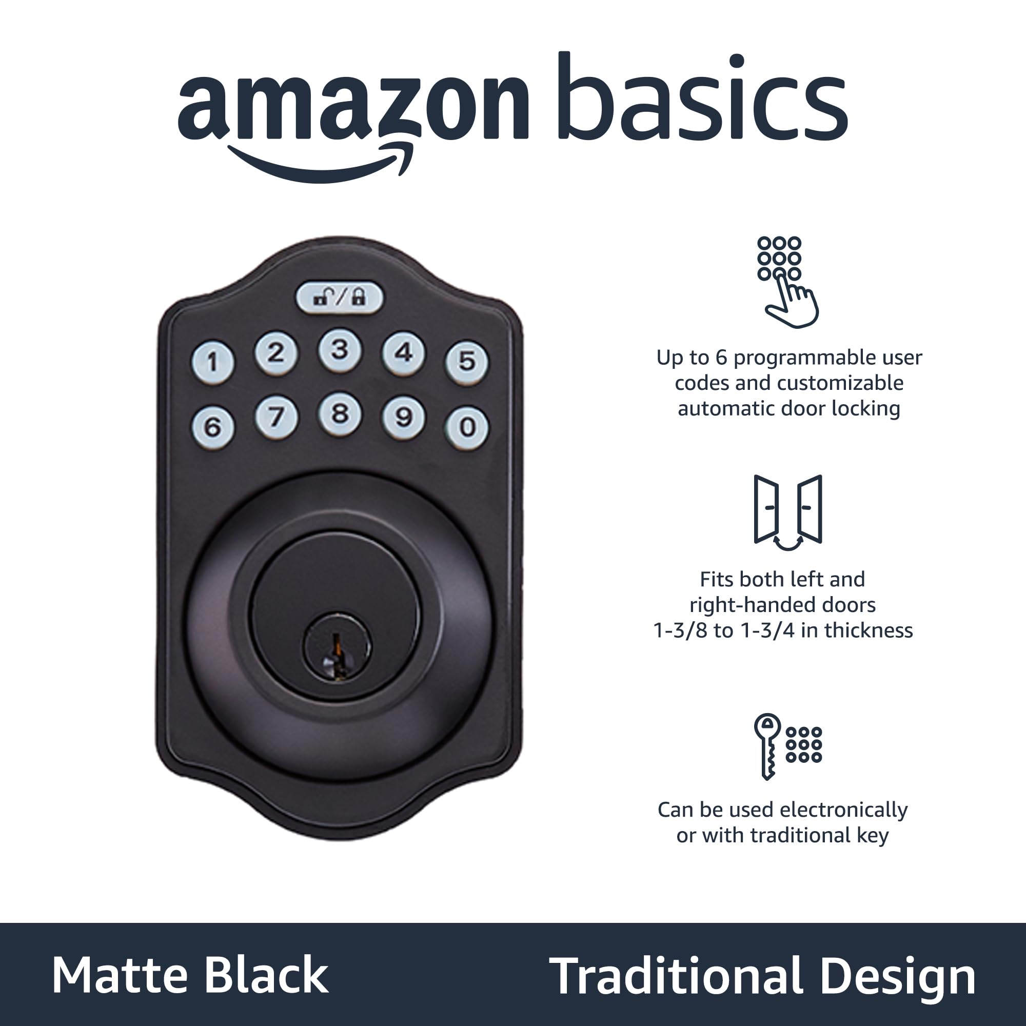 Amazon Basics Electronic Keypad Deadbolt Door Lock with Auto Lock, Touch-Control Keyless Entry, Customizable User Codes, Traditional Design, Matte Black, 1-Pack