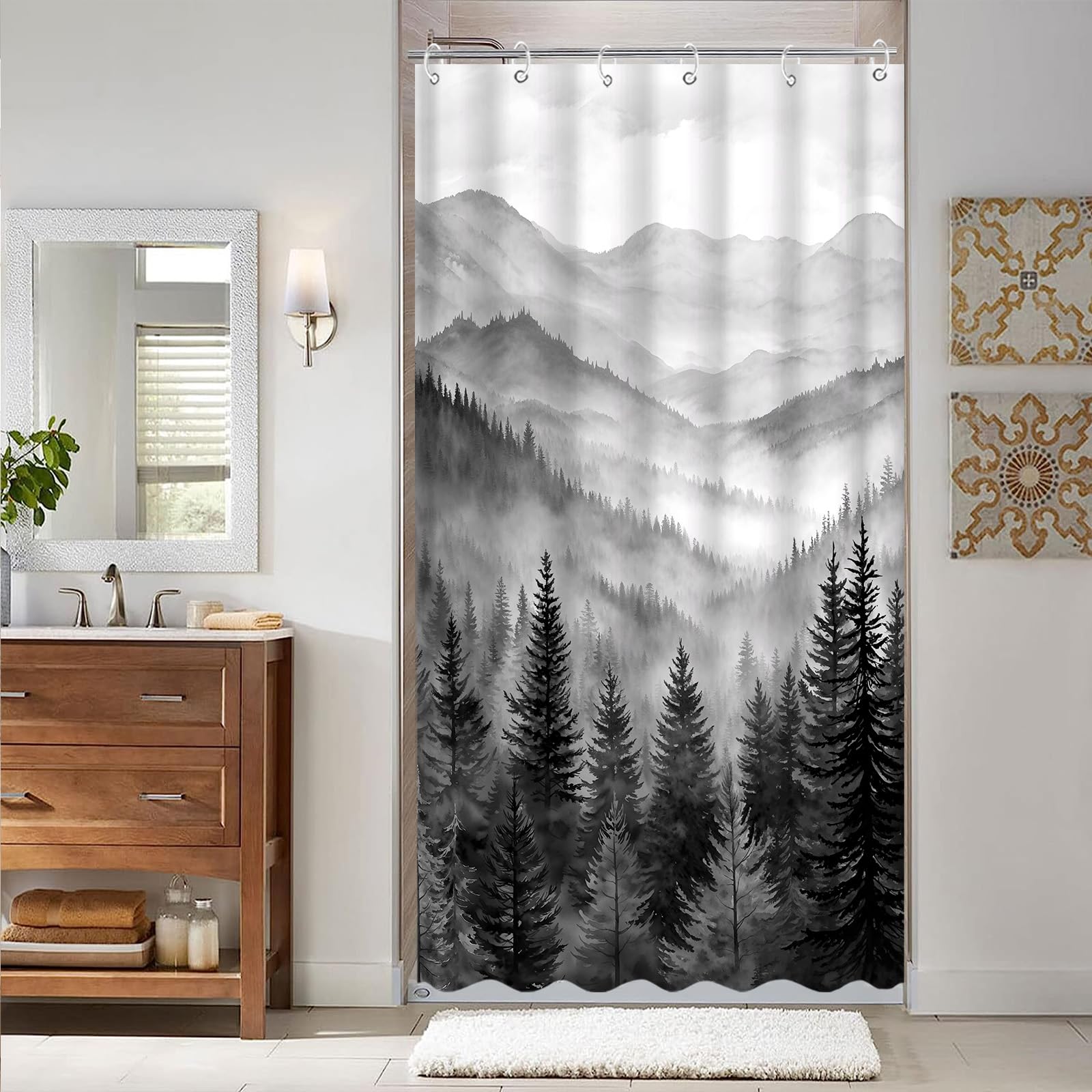 Stall Small Black and White Misty Forest Shower Curtain Ombre Gray Grey Mountain Pine Tree Waterproof Fabric Shower Curtains for Bathroom Nature Woodland Decorative Bath Curtain Decor 36×72 Inches